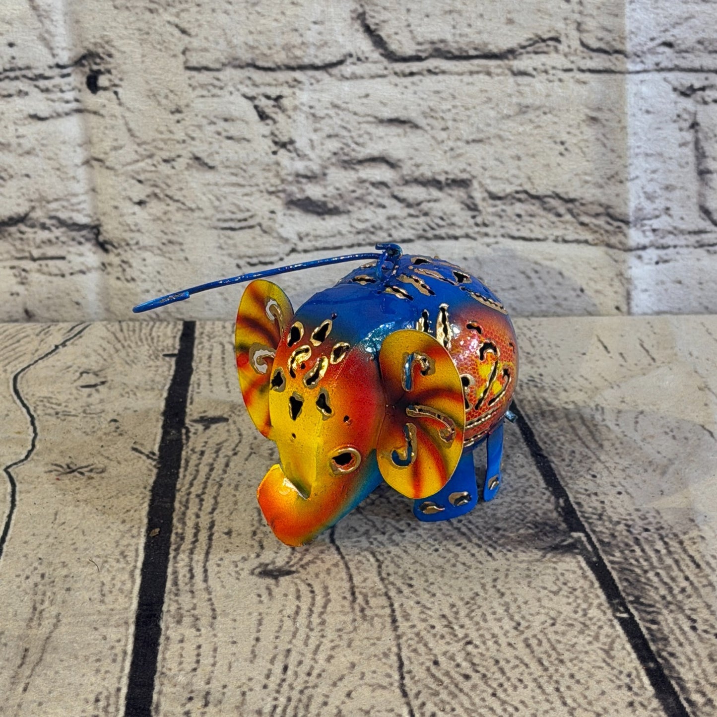 8cm x 10cm Elephant Candle Holder Hanging Blue Metal Tin Ornament Statue0