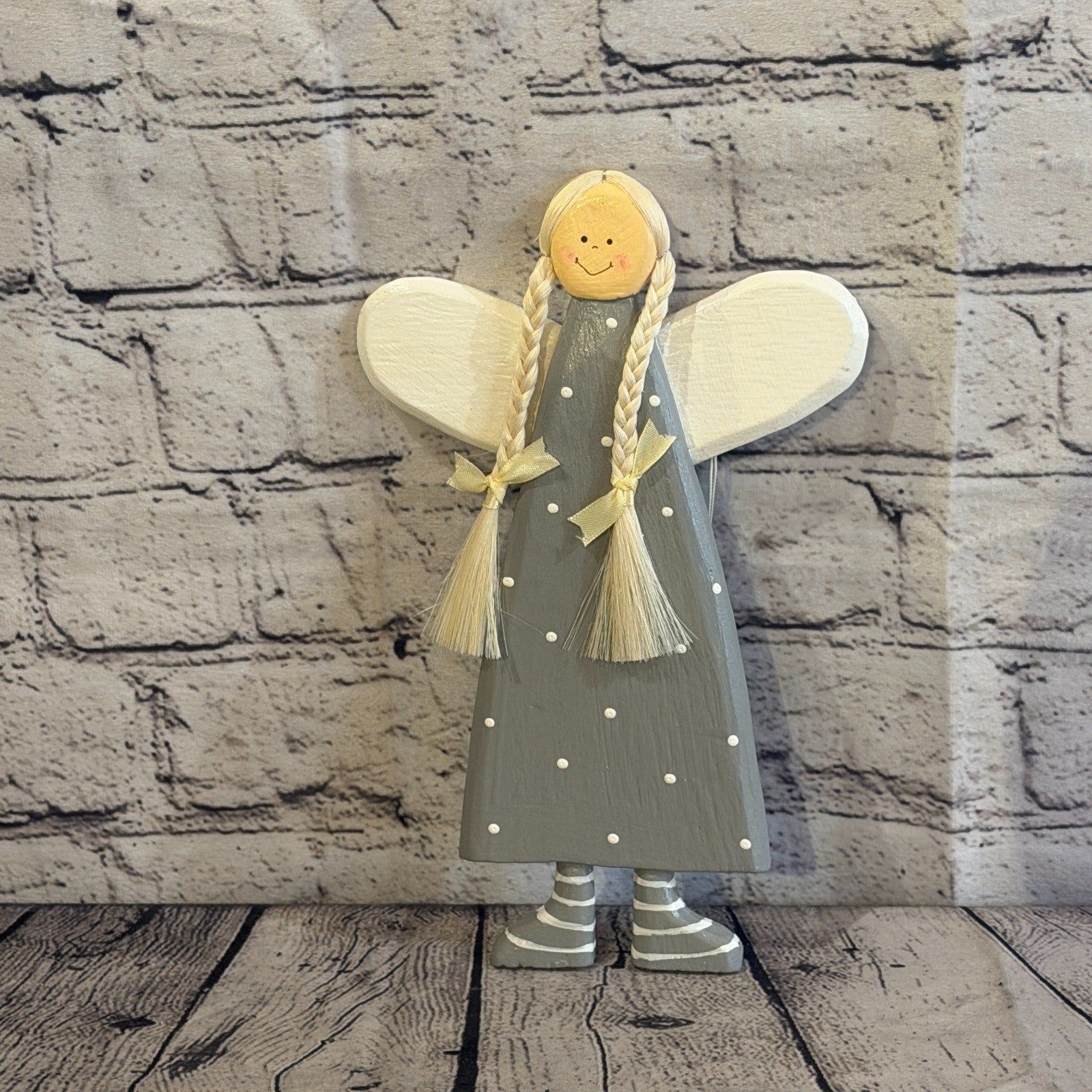 25cm Grey Wall Hanging Angel Figurine Folk Art Wood Fabric Baltic Handmade0