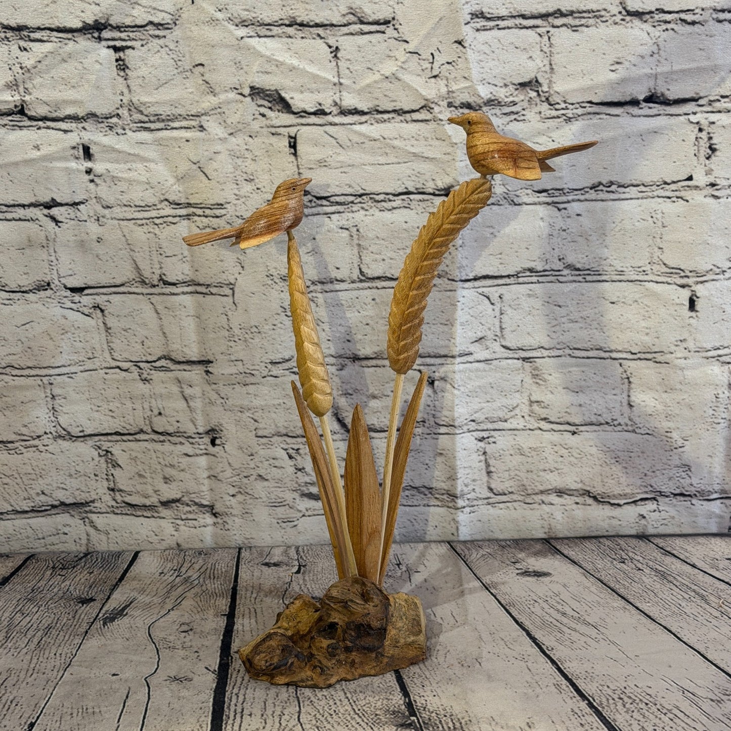 35cm 2 Birds On Wheat Reeds Stand Parasite Wood Ornament Natural Carving Wooden0