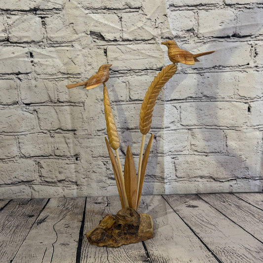 35cm 2 Birds On Wheat Reeds Stand Parasite Wood Ornament Natural Carving Wooden0