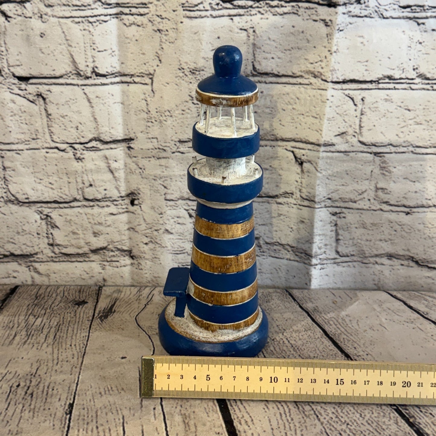 25cm Blue White Wooden Lighthouse Detailed Ornament Nautical Coastal Sculpture5