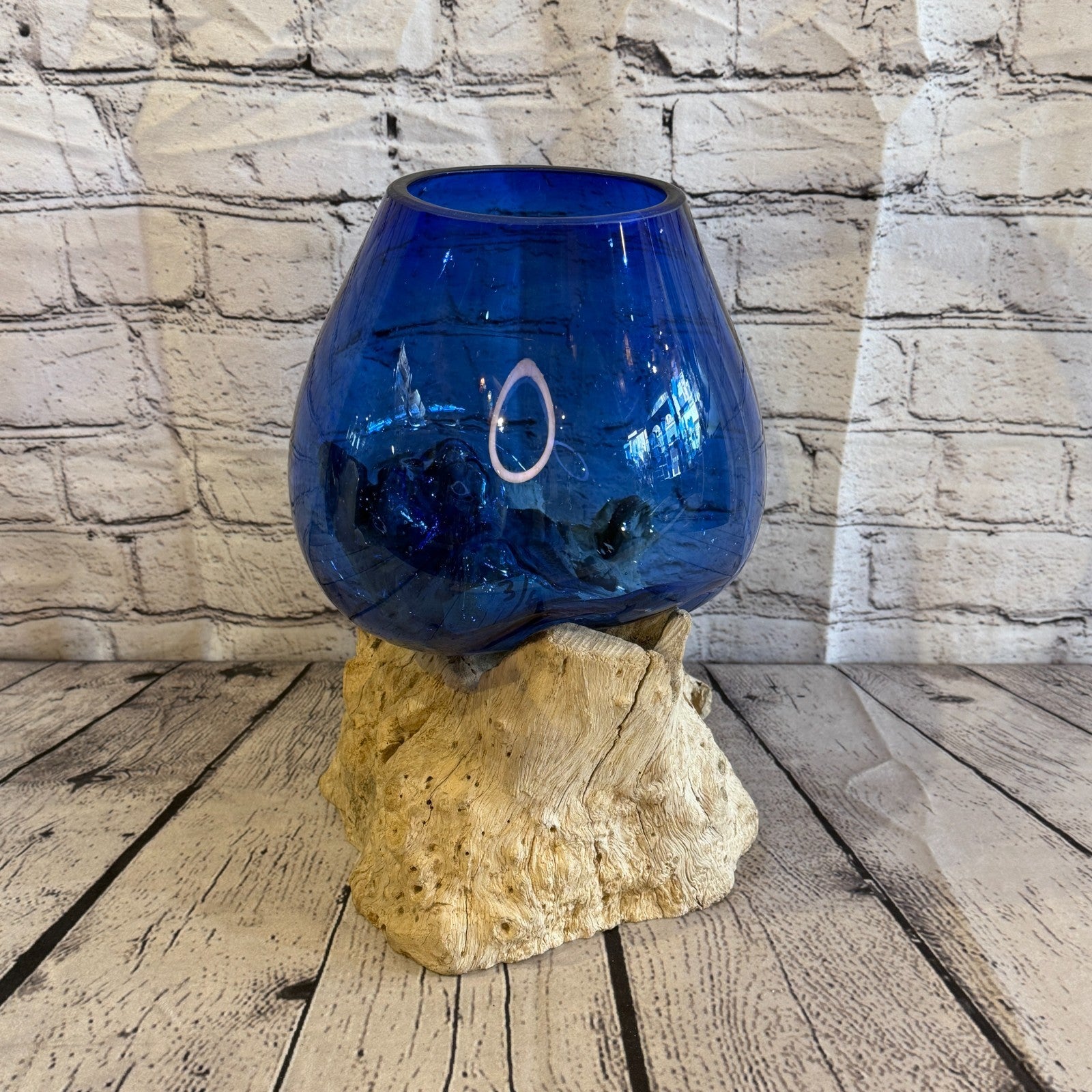 30cm Tall Blue Colour Melted Glass Wood Decorative Vase Glass Sculpture Crafted3