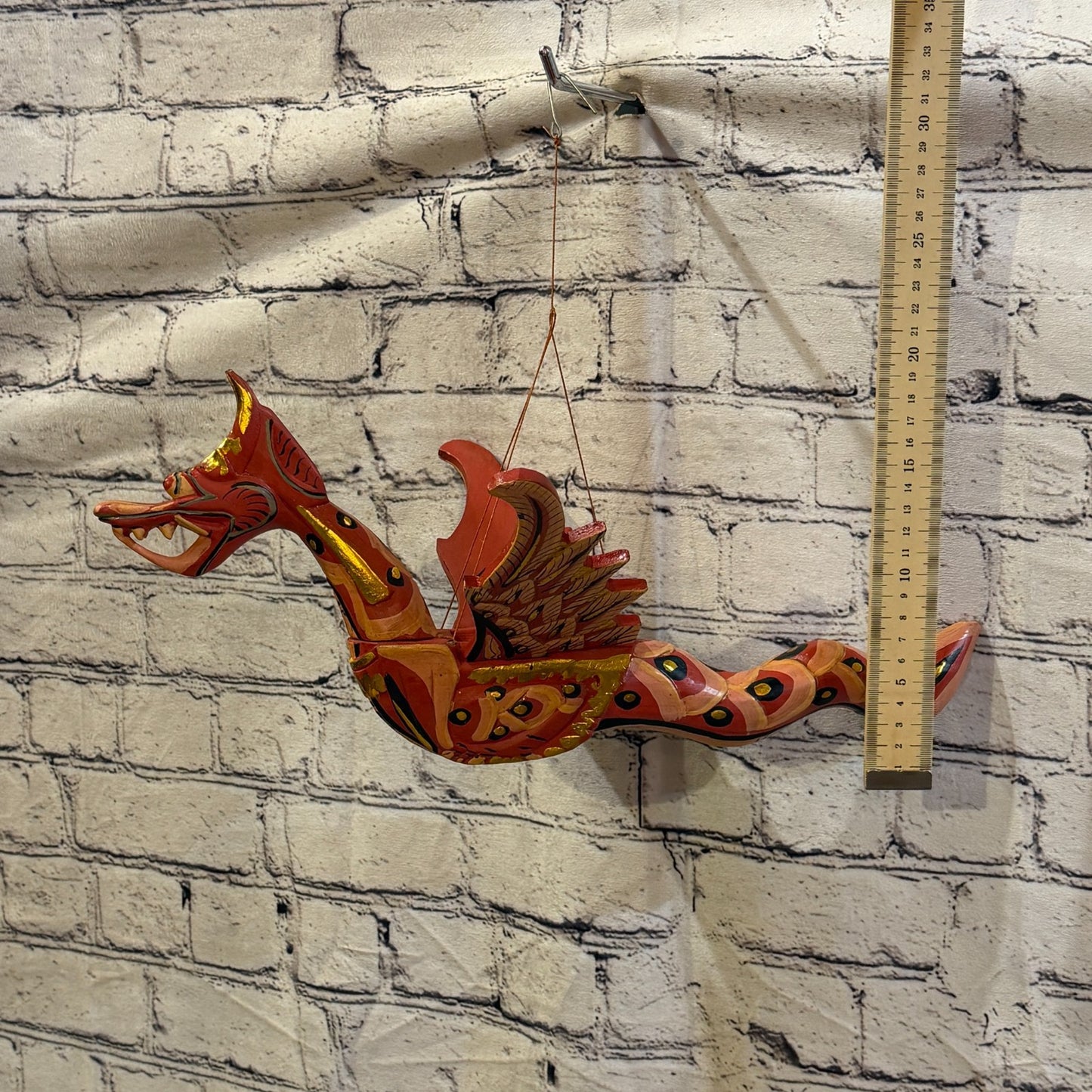 40cm Red Dragon Folk Art Carved Wood Flying Winged Mobile Spirit Guardian2