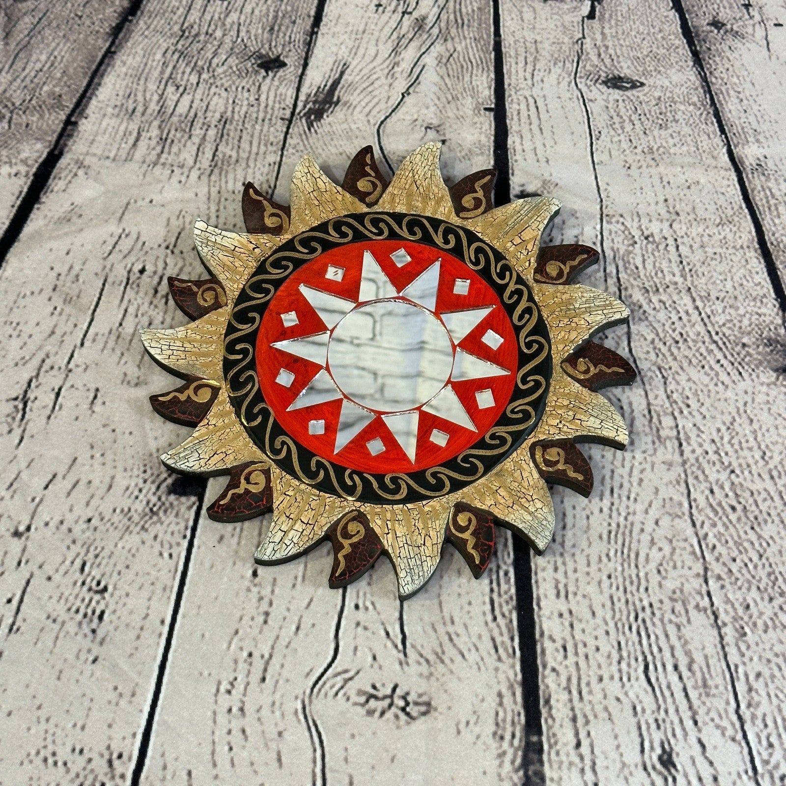 Red Gold Sun Mosaic Tile Wall Mirror 20cm x 20cm 8 Inches Handmade Fairtrade3