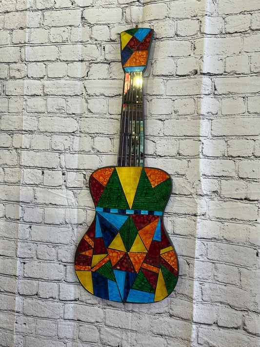 Bright Rainbow Guitar Mosaic Tile Wall Mirror 80cm x 25cm Handmade New0