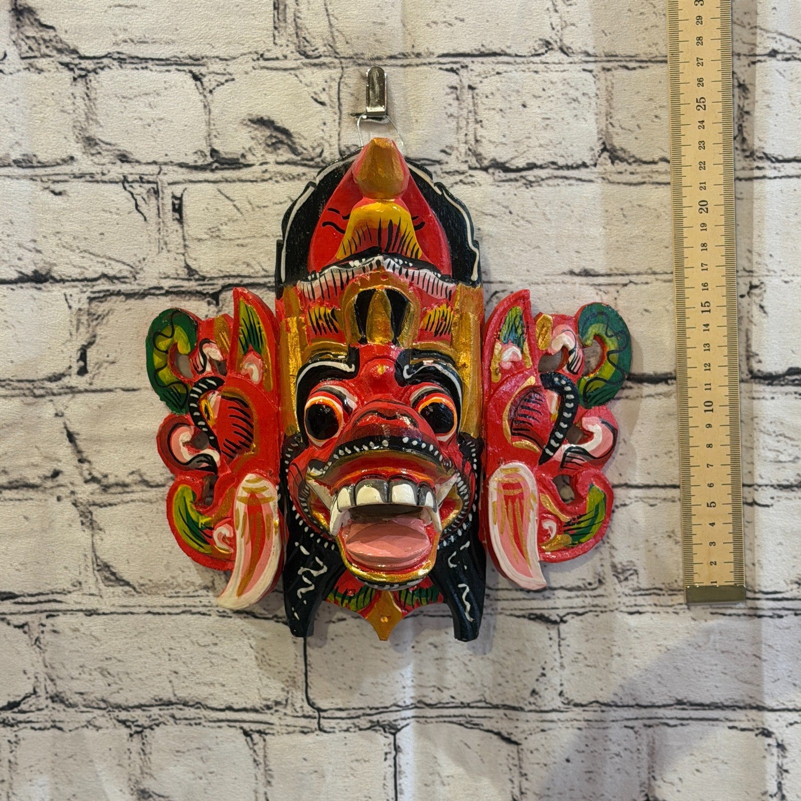 25cm Barong Crown Red Demon Dragon Hindu Deity Wooden Hand Carved Mask Painted5