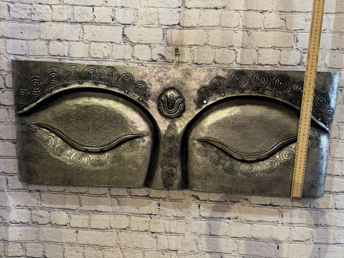 100cm x 40cm Silver Buddha Eyes Wall Art Plaque Handcarved Wooden Wood Panel4