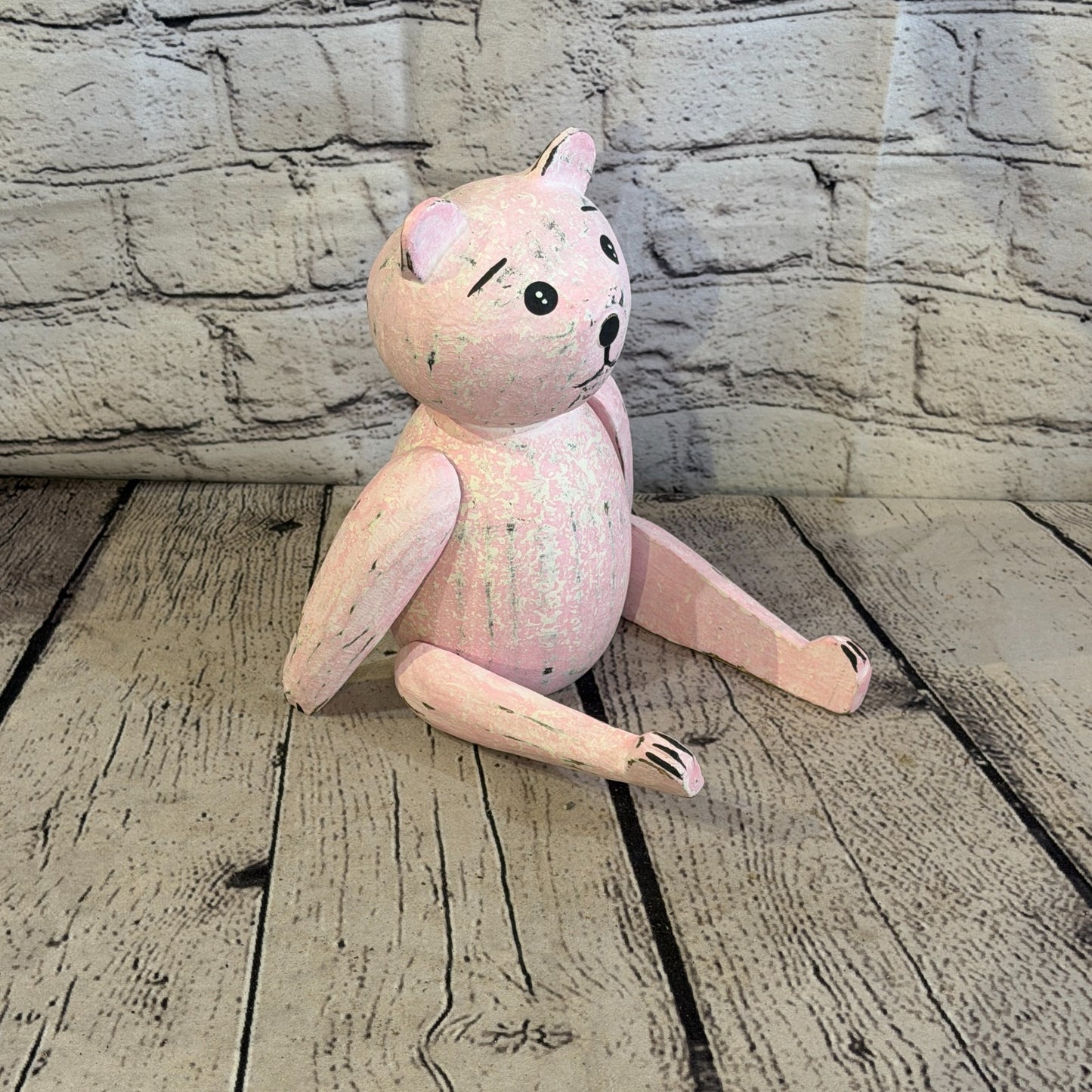 20cm Pink Teddy Bear Sitting Animal, Wooden Shelf Ornament Handmade & Fairtrade2