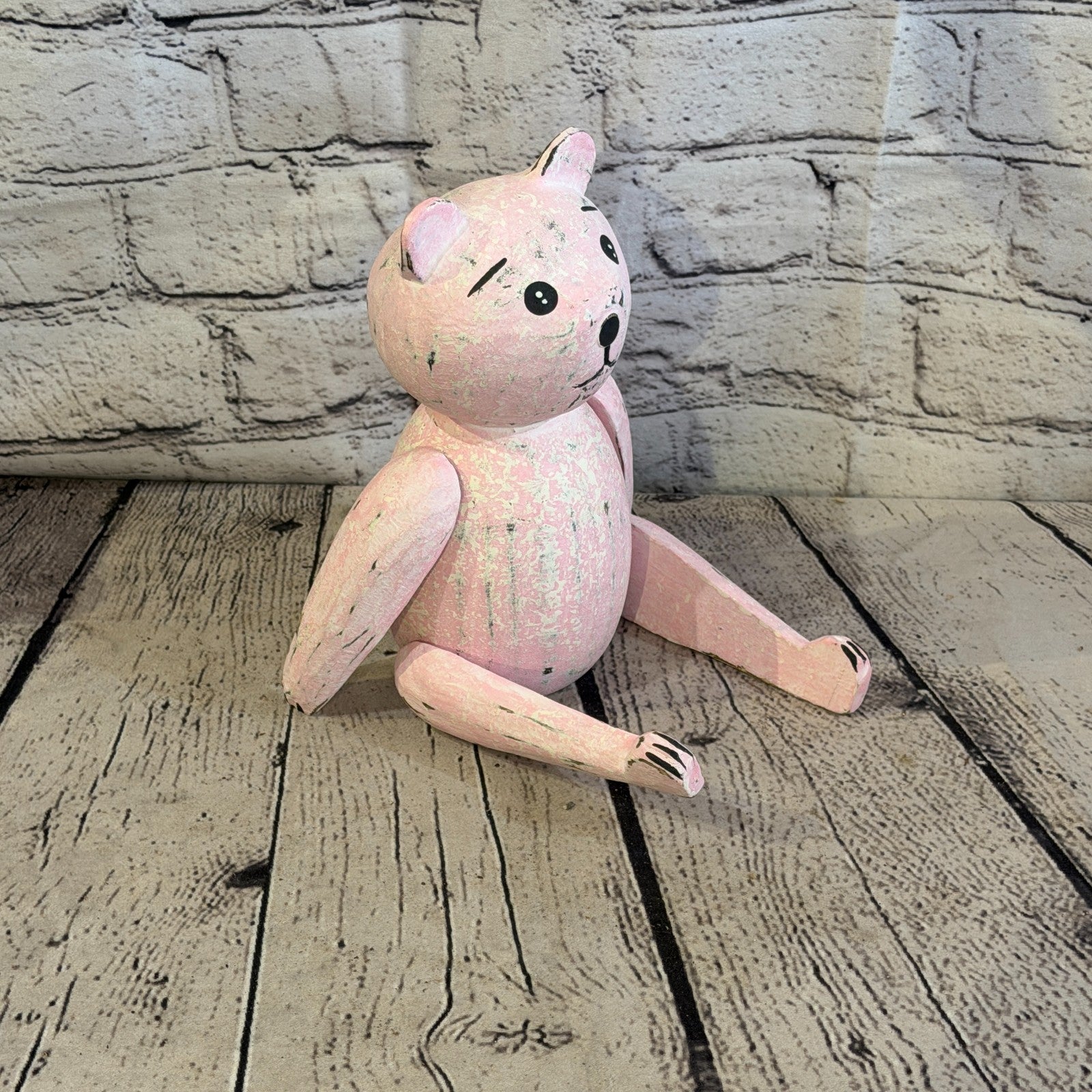 20cm Pink Teddy Bear Sitting Animal, Wooden Shelf Ornament Handmade & Fairtrade2