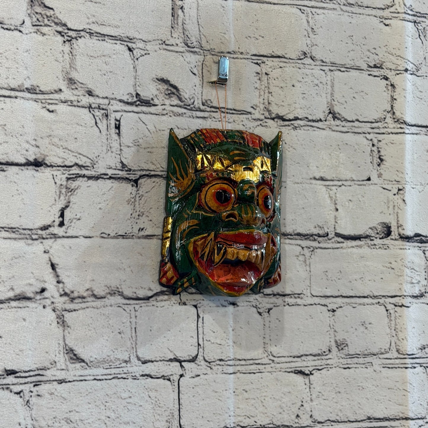 Small Wooden Green Barong Wall Mask 12cm x 12cm Handmade And Fairtrade Hindu0