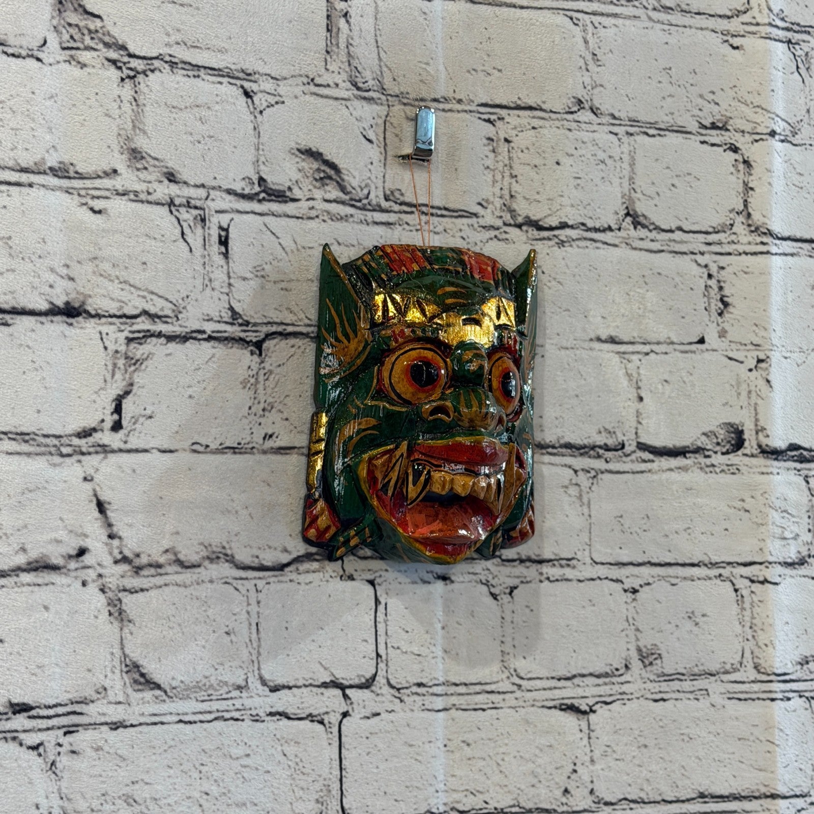 Small Wooden Green Barong Wall Mask 12cm x 12cm Handmade And Fairtrade Hindu0