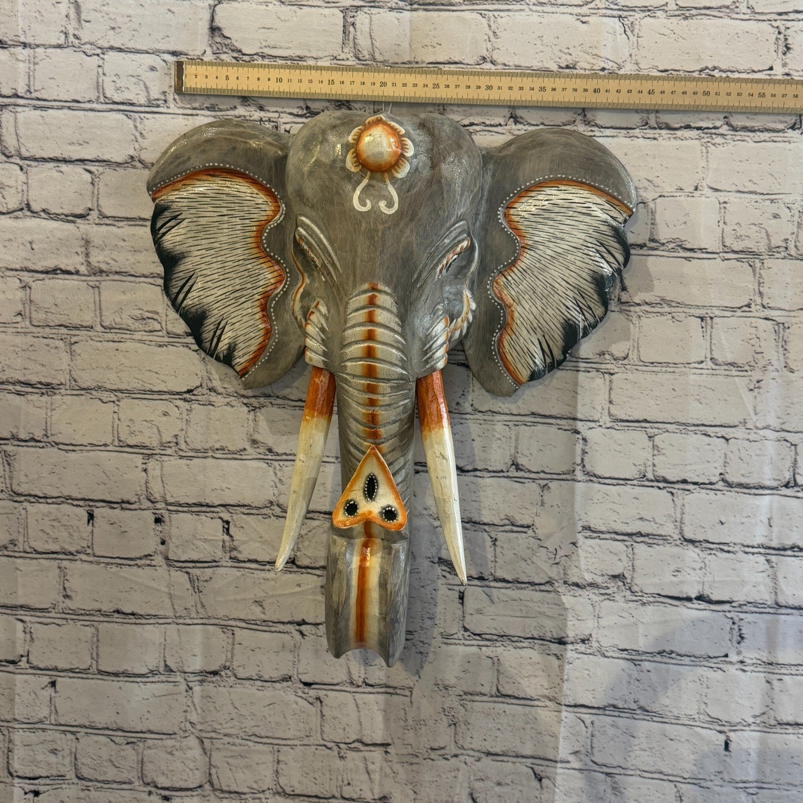 50cm x 45cm Grey Light Painted Wood Elephant Head Wall Mounted Art Shabby3