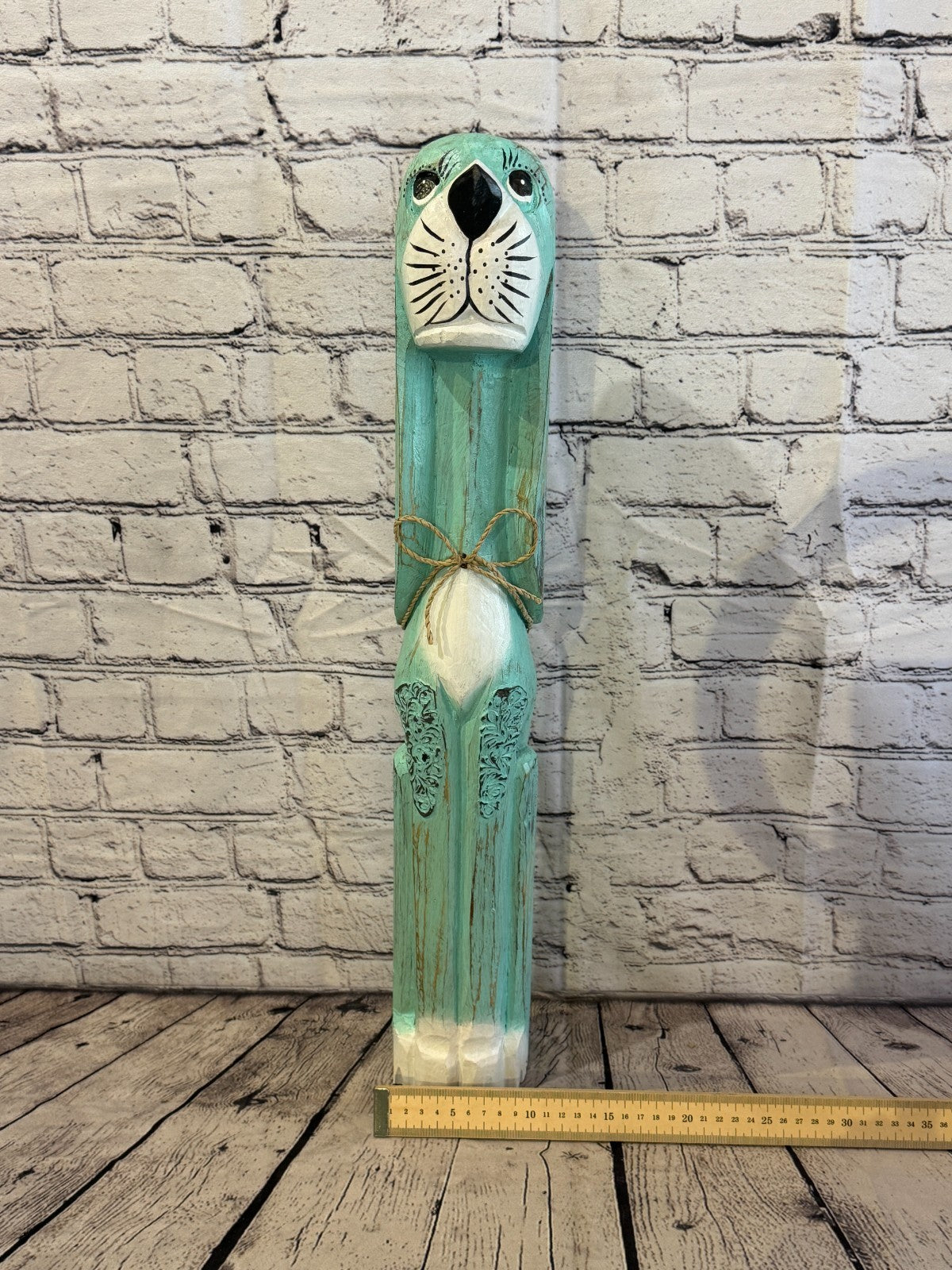 60cm Green Teal Wooden Shabby Dog Statue Ornament Fair Trade Handcarved6