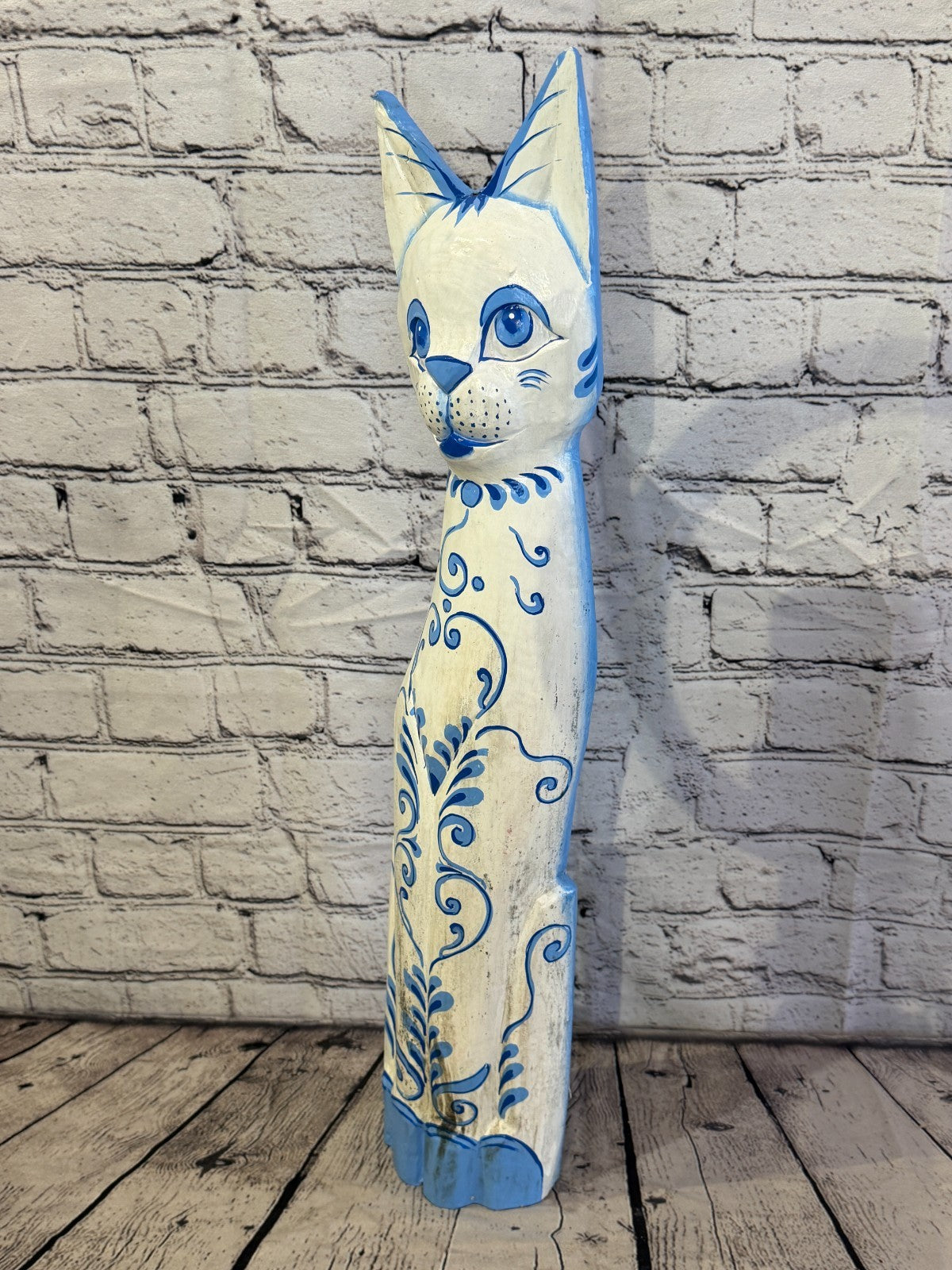 60cm Blue White Flower Wooden Shabby Cat Statue Ornament Fair Trade Handcarved1