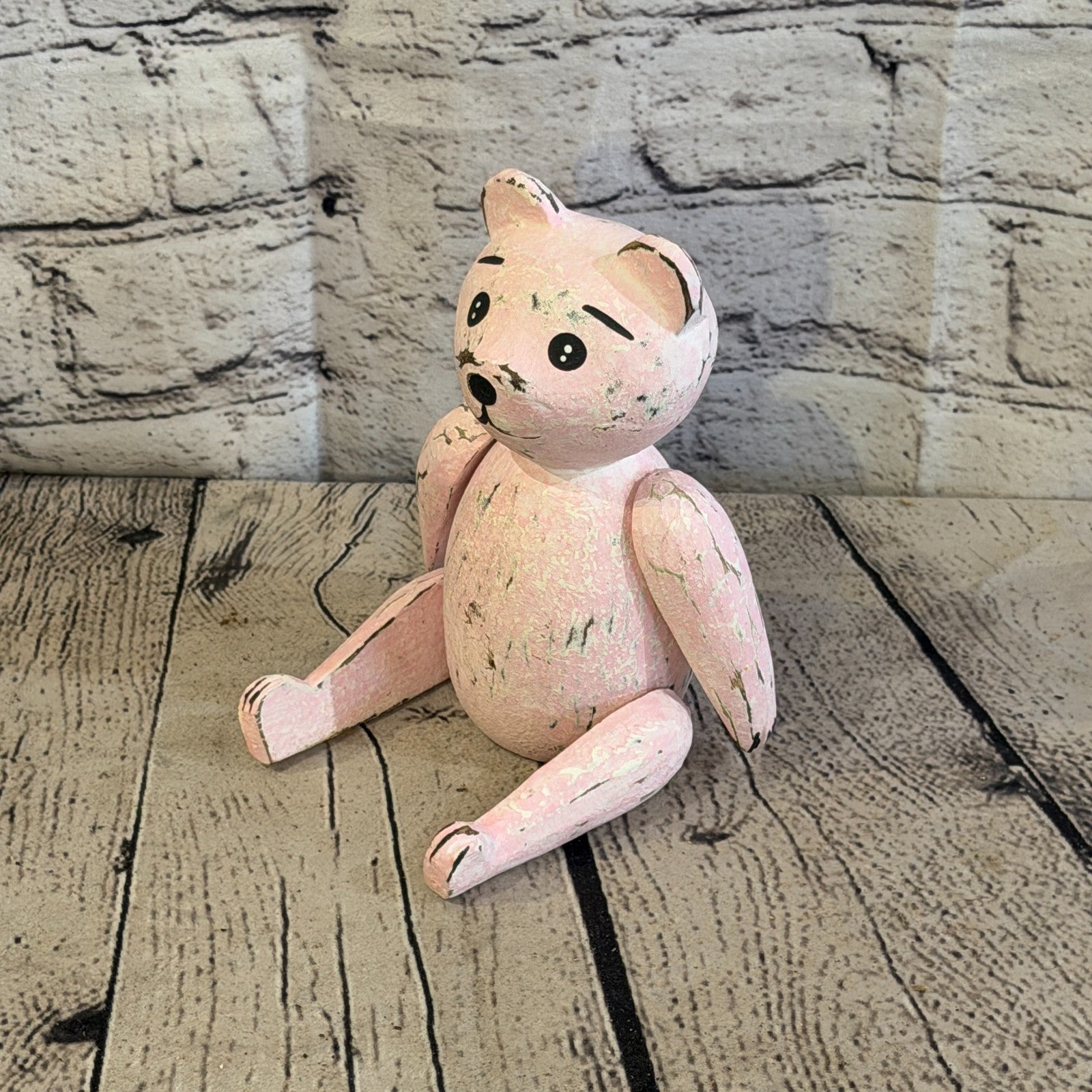 15cm Pink Teddy Bear Sitting Animal, Wooden Shelf Ornament Handmade & Fairtrade0