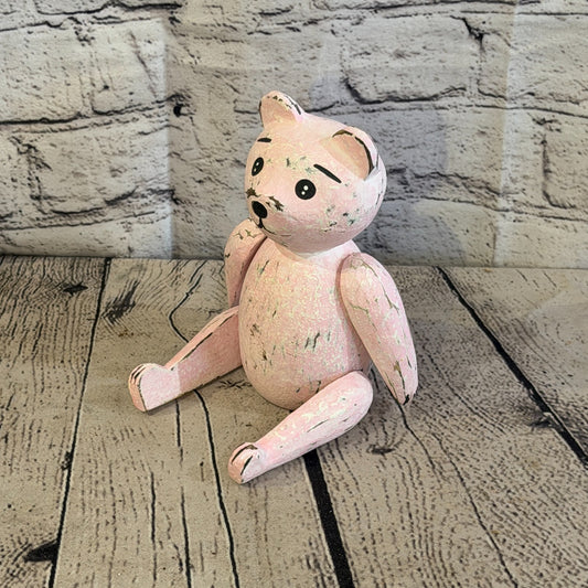 15cm Pink Teddy Bear Sitting Animal, Wooden Shelf Ornament Handmade & Fairtrade0