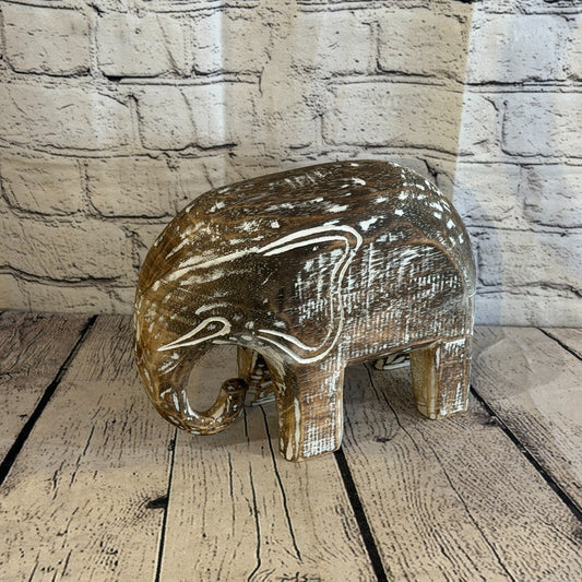 20cm x 25cm Brown Wood Wooden Standing Elephant Hand Carved Painted Statue0