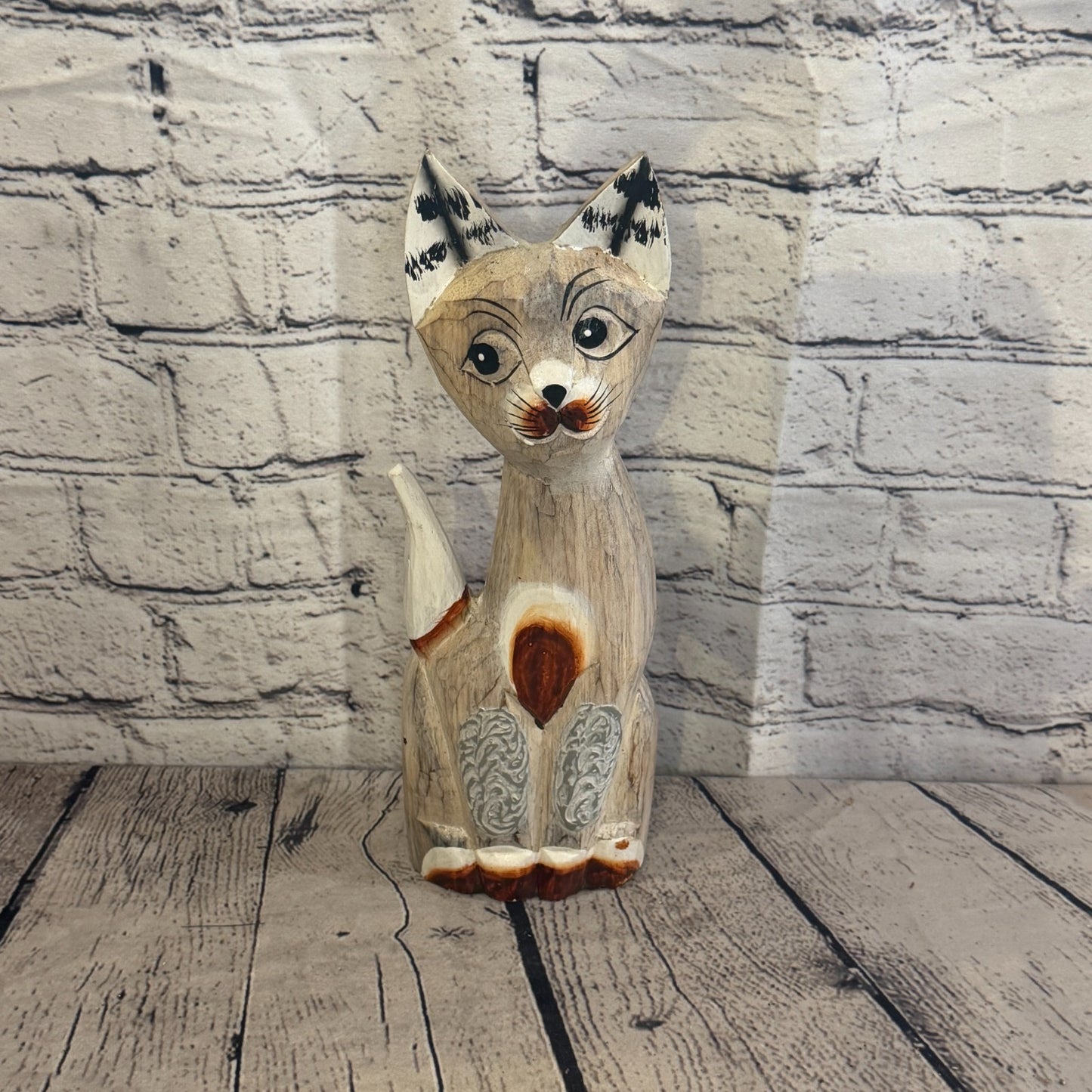 30cm White Dots Wooden Shabby Cat Statue Ornament Fair Trade Handcarved0
