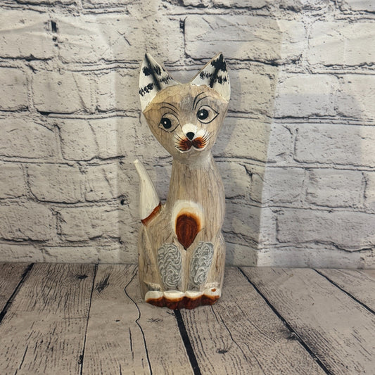 30cm White Dots Wooden Shabby Cat Statue Ornament Fair Trade Handcarved0