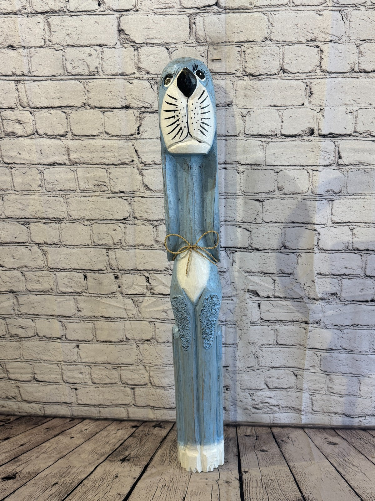 80cm Light Blue Wooden Shabby Dog Statue Ornament Fair Trade Handcarved1