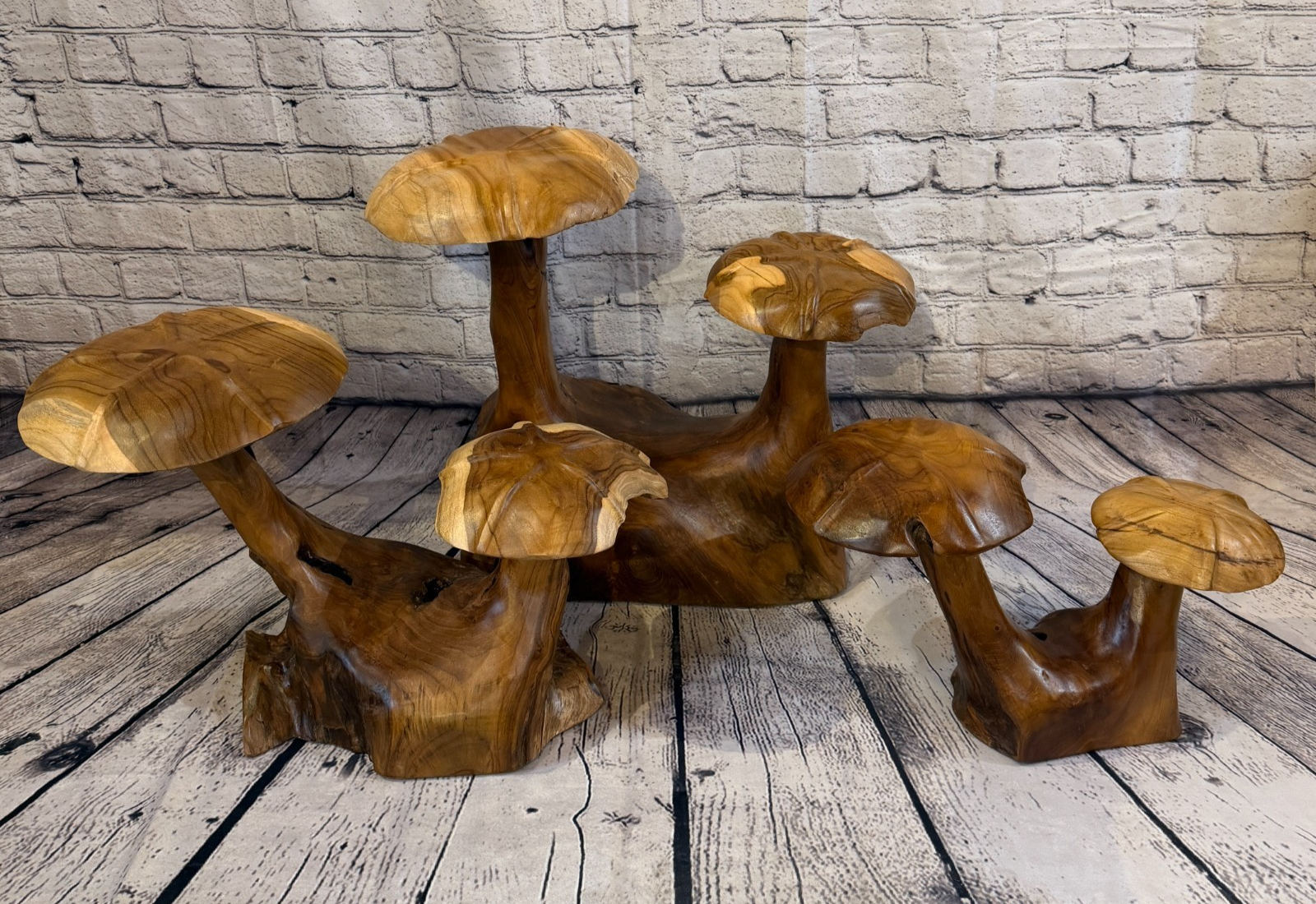 45cm x 40cm Double Wooden Mushroom Toadstool Sculpture Garden Teak Root Ornament8