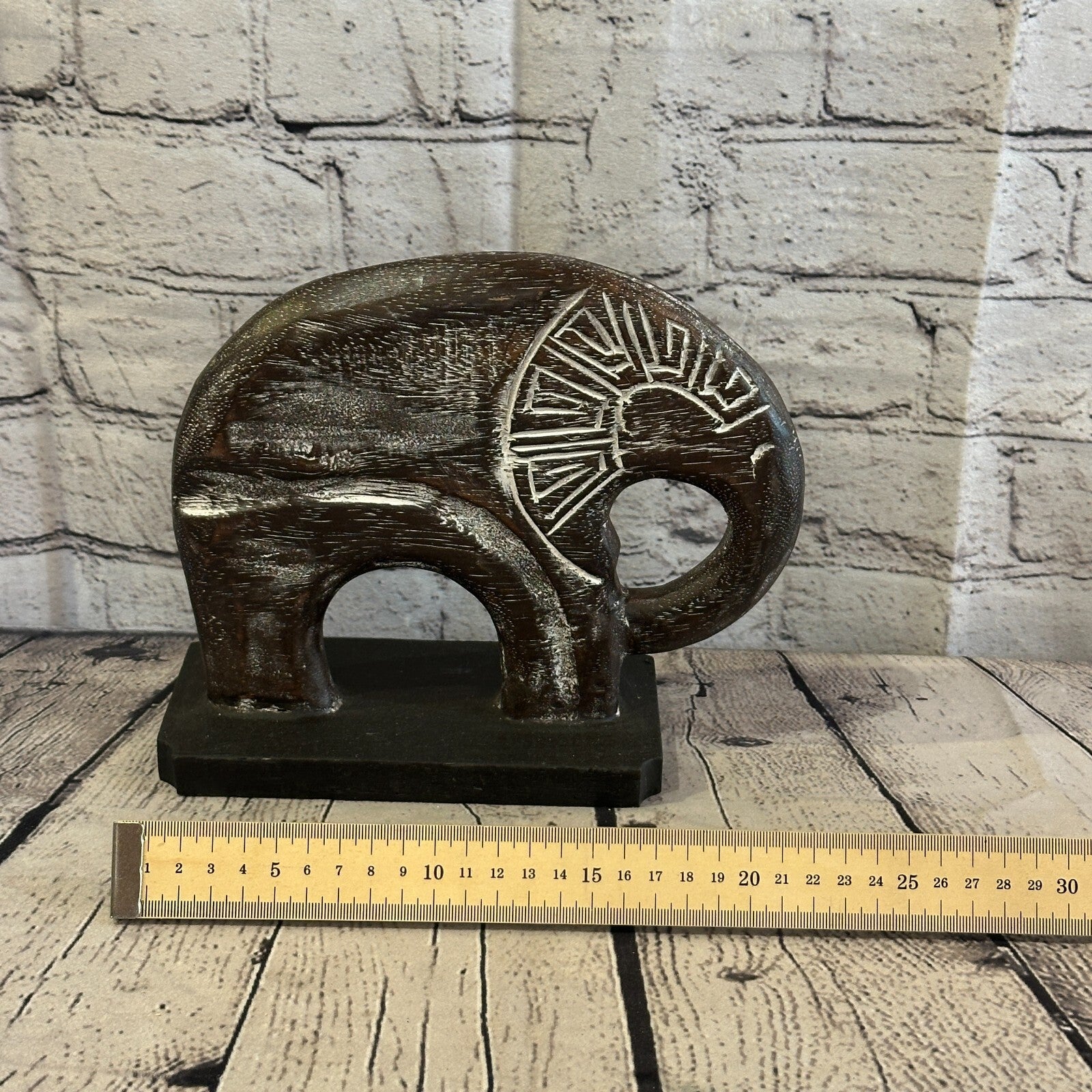 20cm x 20cm Wooden Tribal Primitive Black Elephant Round Stand Sculpture Statue7