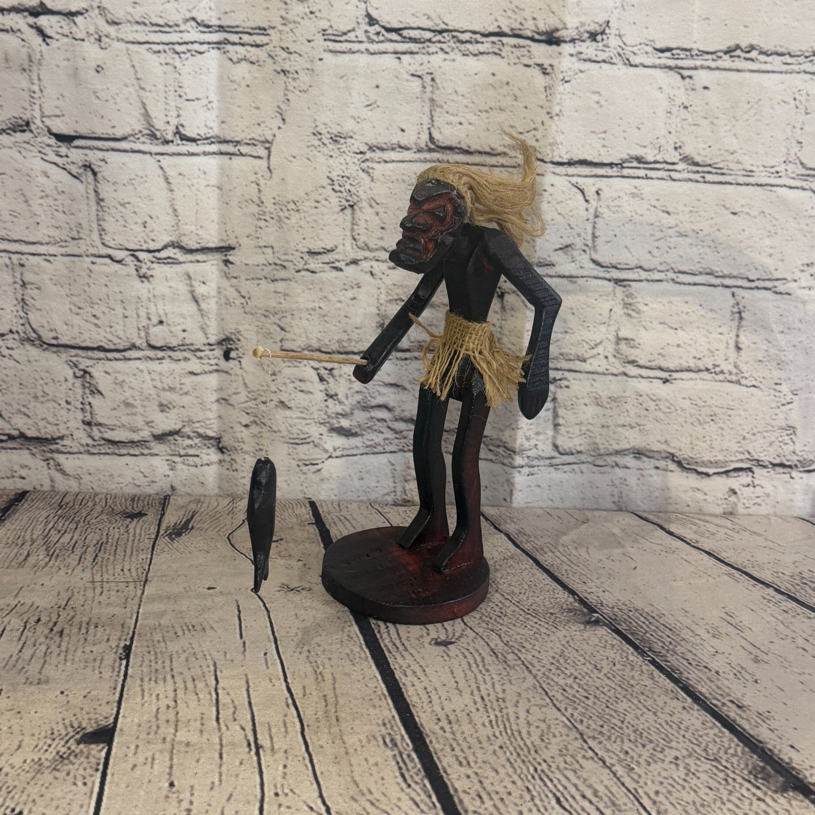 20cm Fisher With Catch African Tribal Warrior Man Figure Statue Wood Hand Carved0