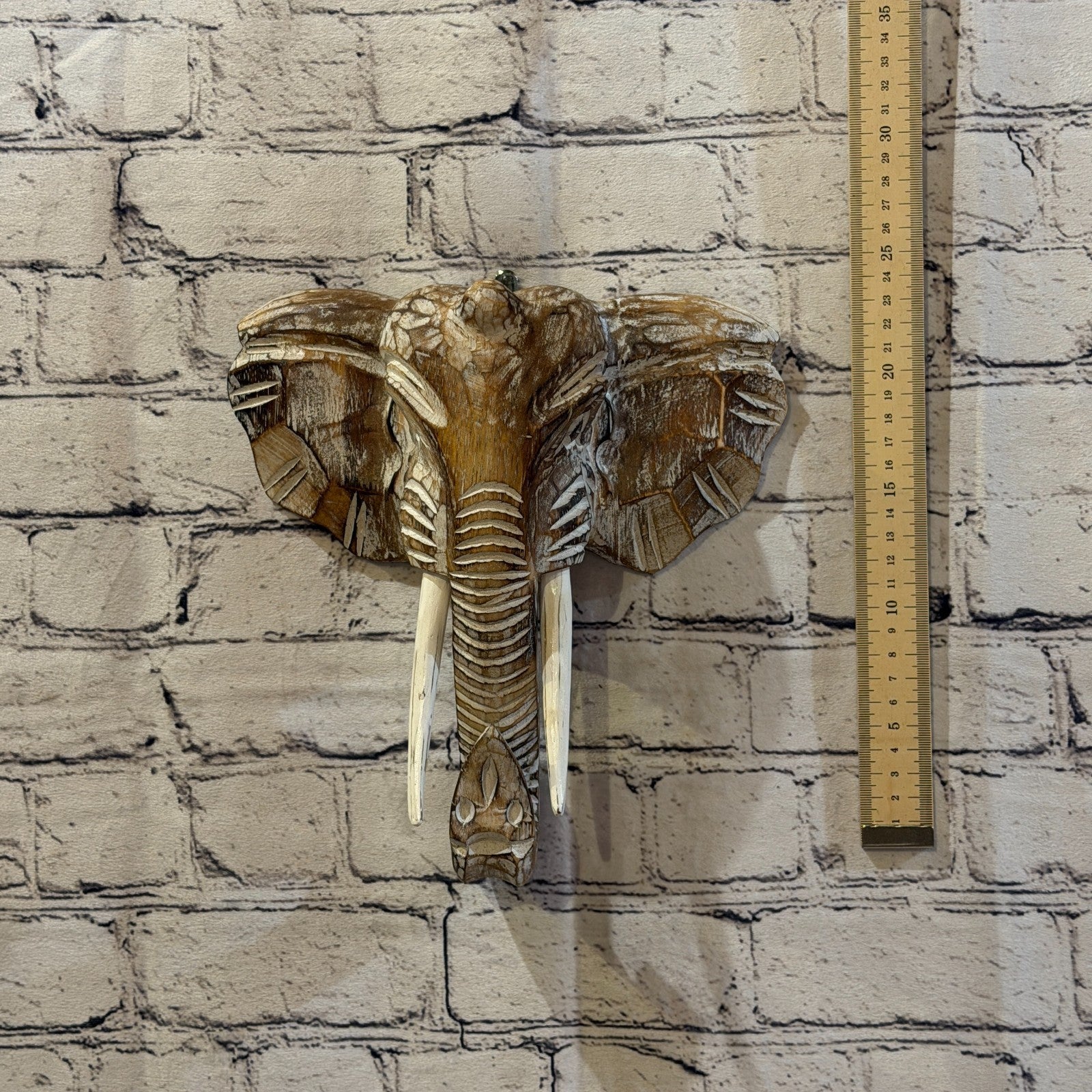 25cm x 25cm Plain Brown Painted Wood Elephant Head Wall Mounted Art Shabby3