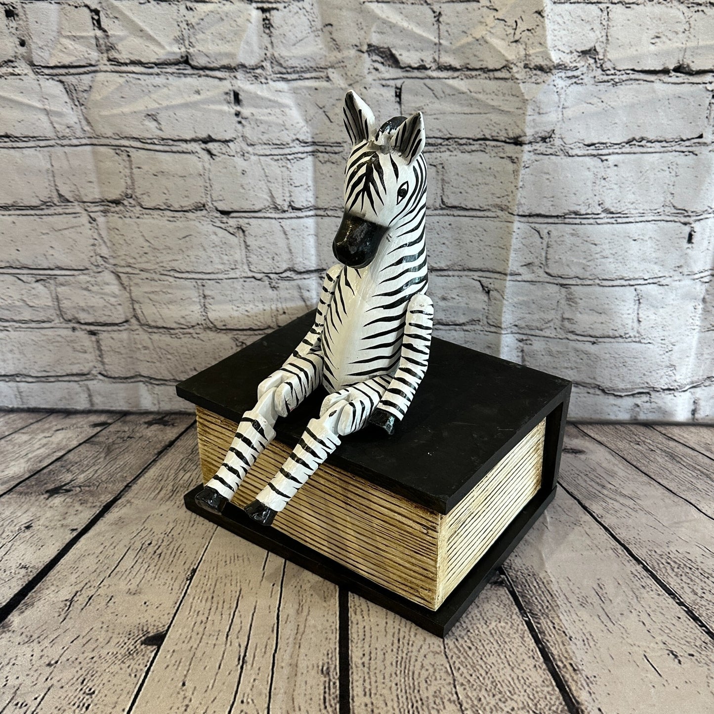 20cm Black Zebra Sitting Animal, Wooden Shelf Ornament Handmade & Fairtrade0