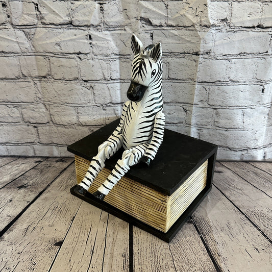 20cm Black Zebra Sitting Animal, Wooden Shelf Ornament Handmade & Fairtrade0