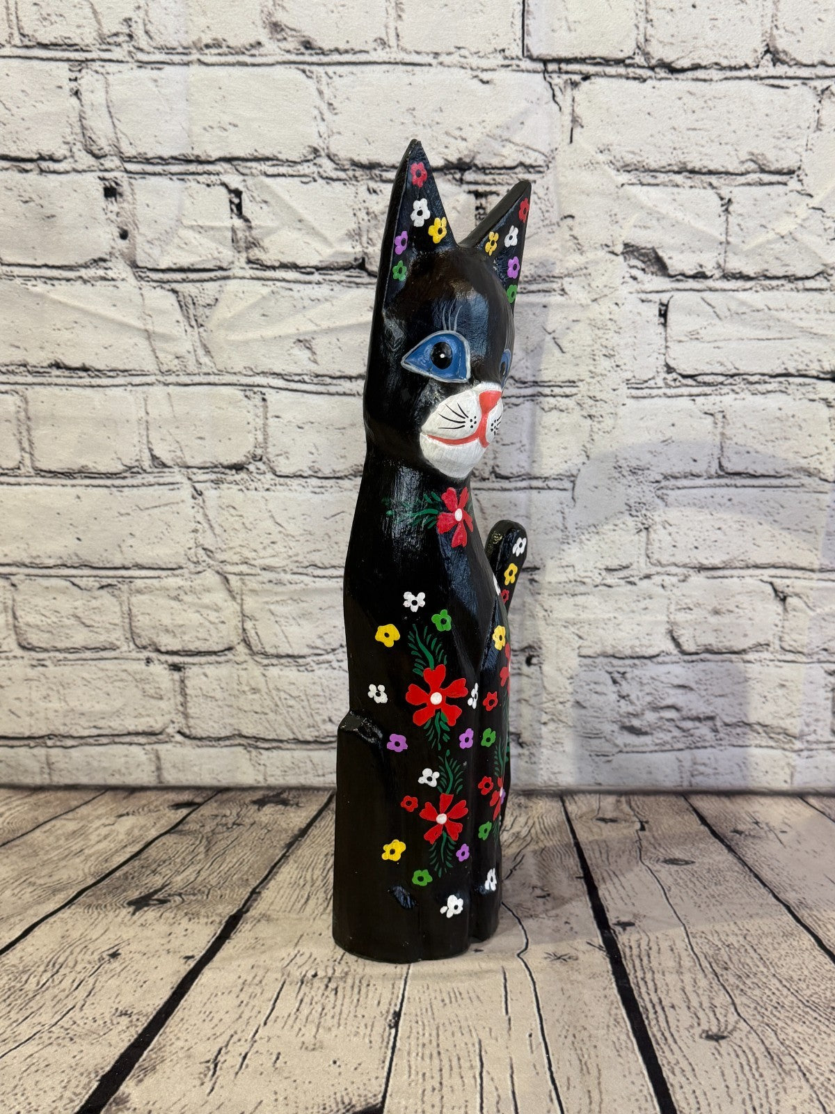 40cm Black Mix Flower Wooden Shabby Cat Statue Ornament Fair Trade Handcarved2