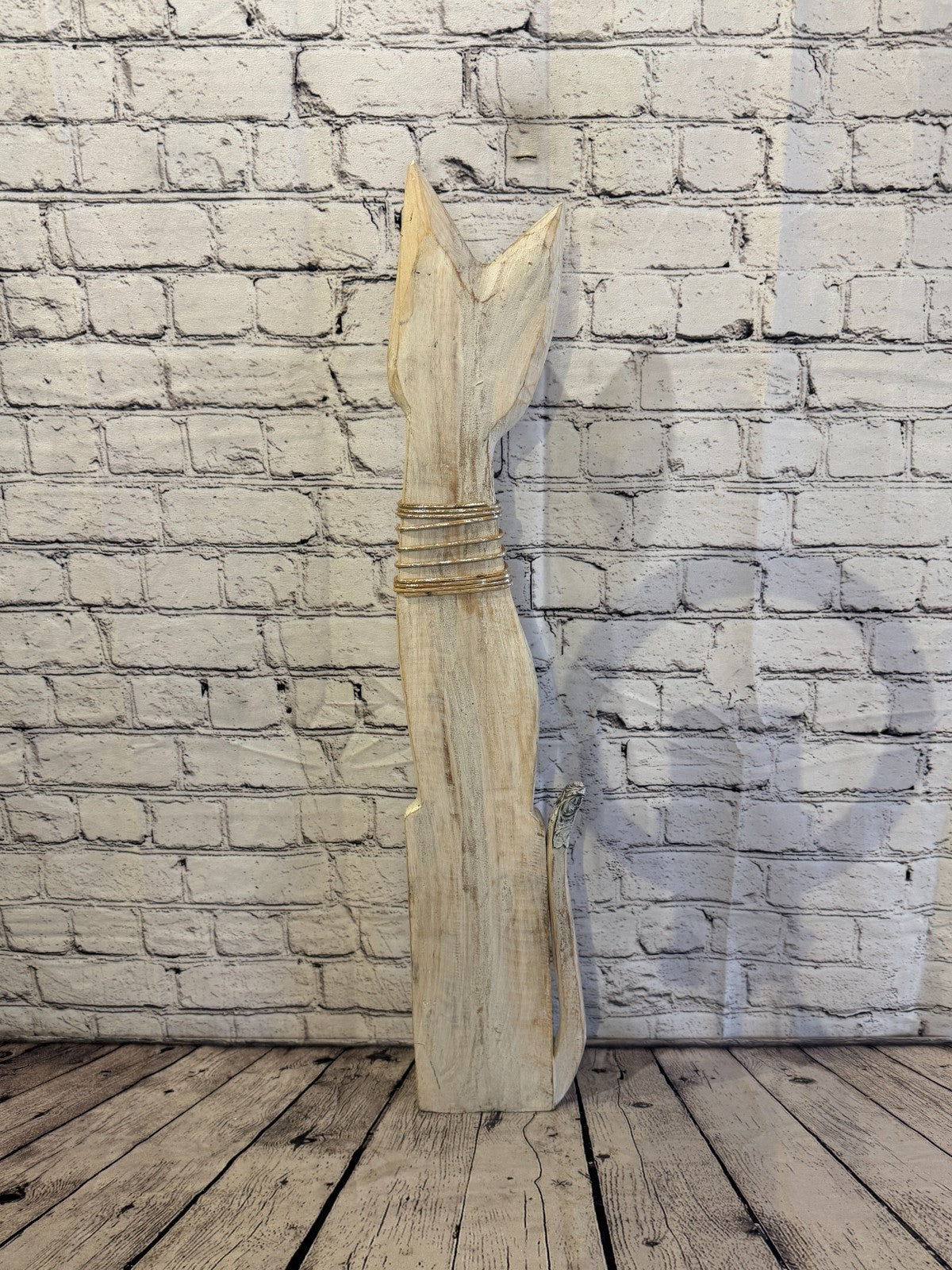 80cm White Silver Dots Wooden Shabby Cat Statue Ornament Fair Trade Handcarved4