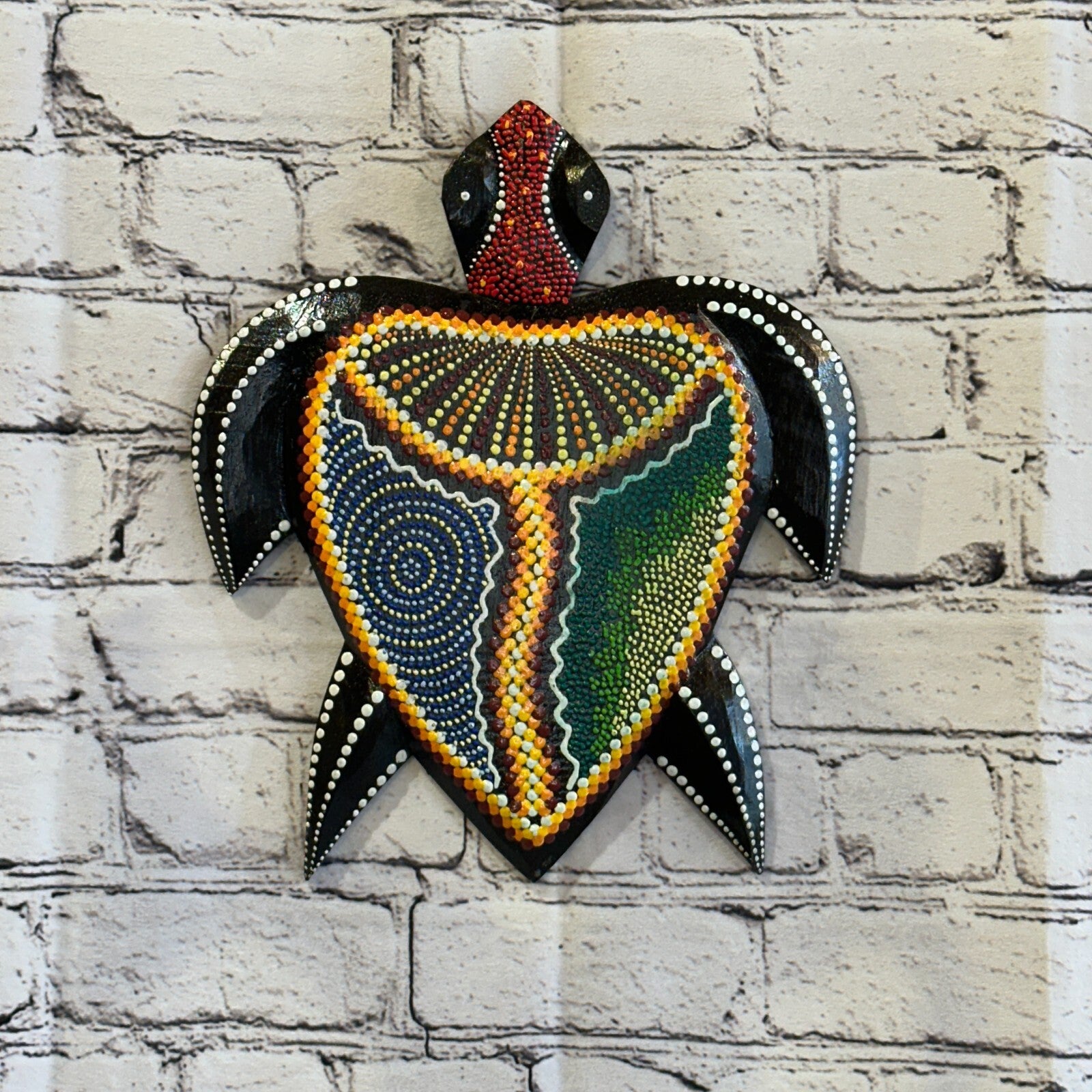 30cm Turtle Carved Wooden Dot Painted Ethnic Tribal Tiki Wall Art Handmade No 22