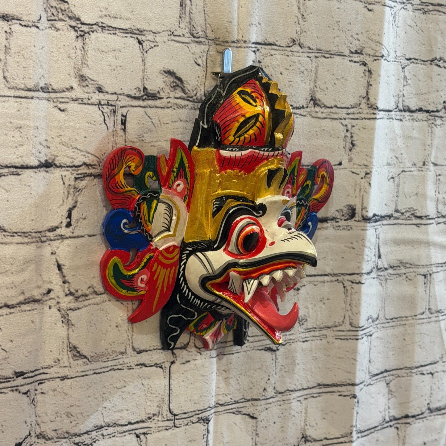 25cm Garuda Crown White Demon Dragon Hindu Deity Wooden Hand Carved Mask Painted0