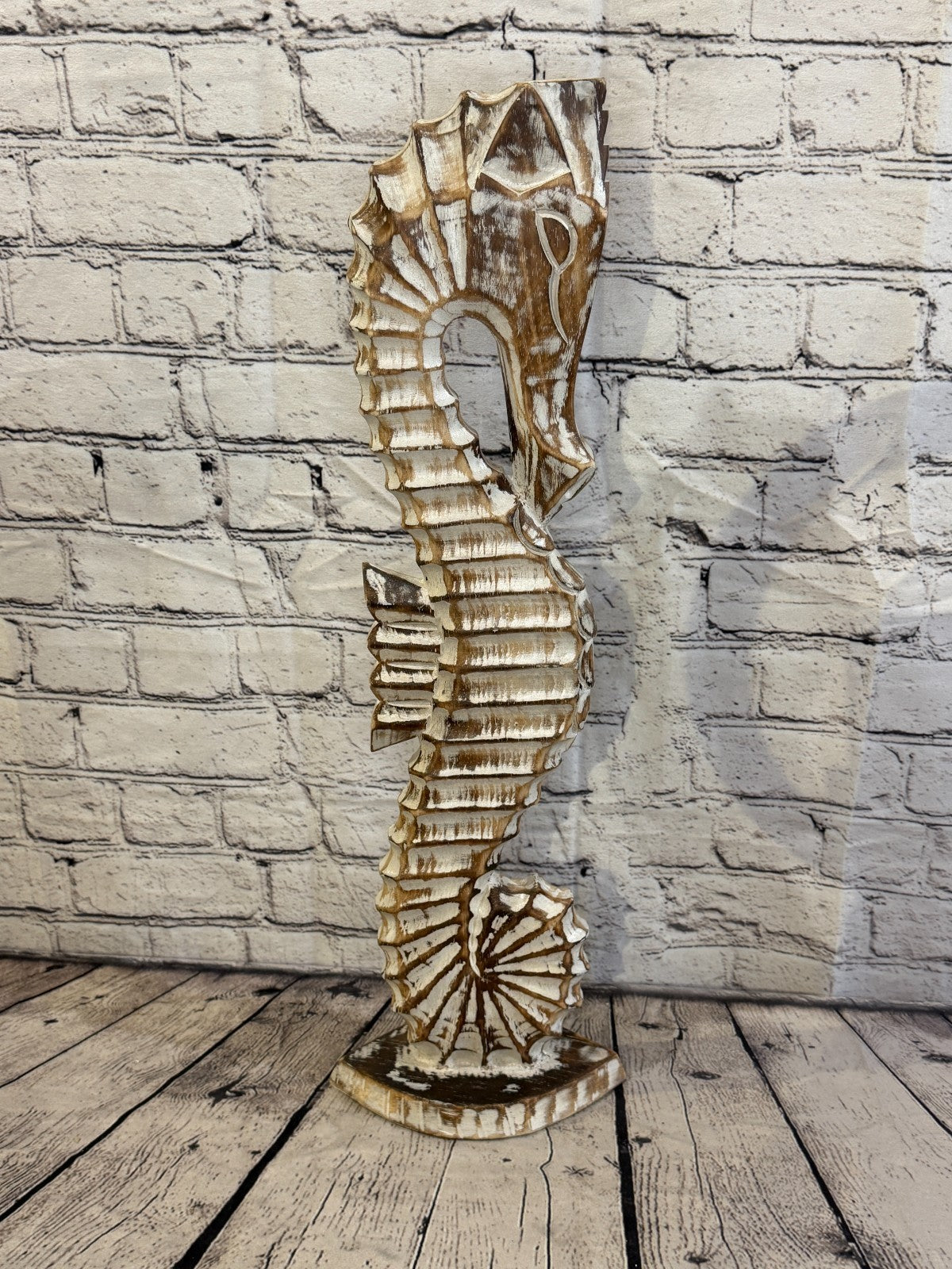 60cm Brown Wooden Shabby Seahorse Statue Ornament Fair Trade Handcarved3