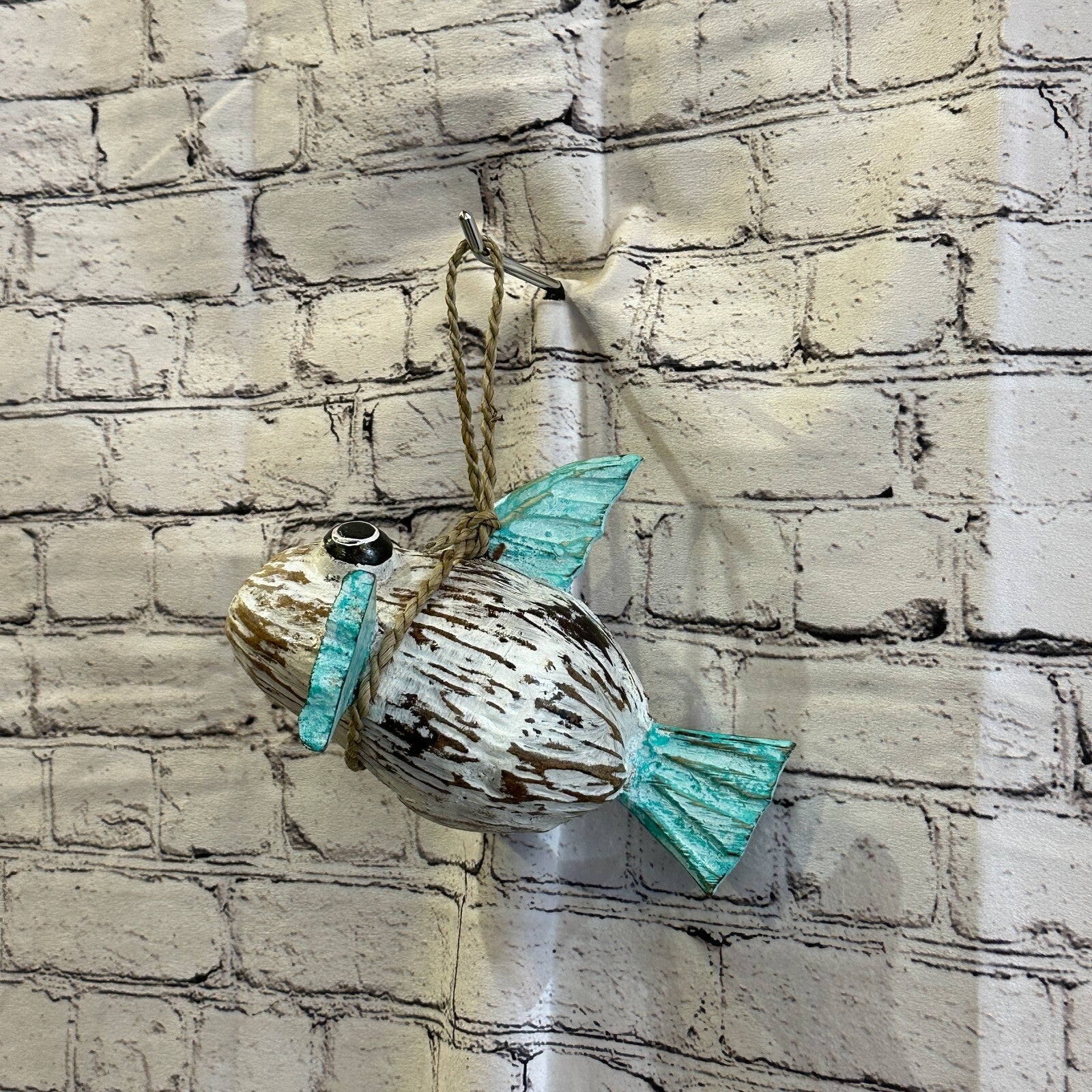 Green White Folk Art Hand Painted Puffer Fish Coconut Shell Ornaments Hanging10