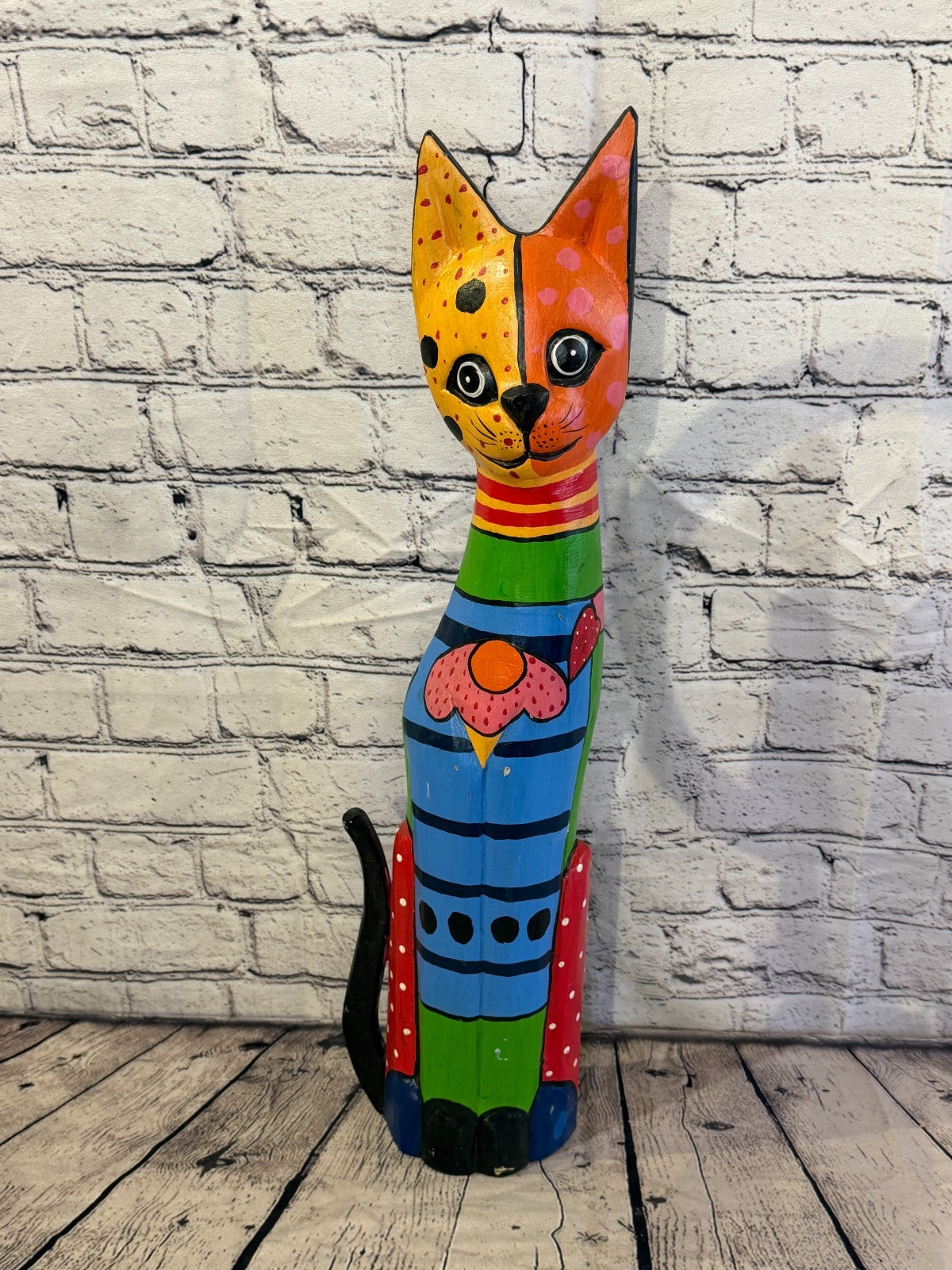 60cm Bright Mix Flower Wooden Shabby Cat Statue Ornament Fair Trade Handcarved0