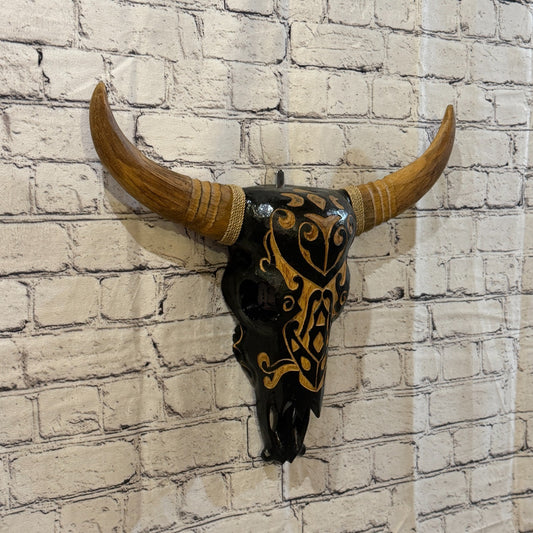 45cm x 45cm Brown Light Painted Wood Cow Skull Head Wall Mounted Art Shabby0