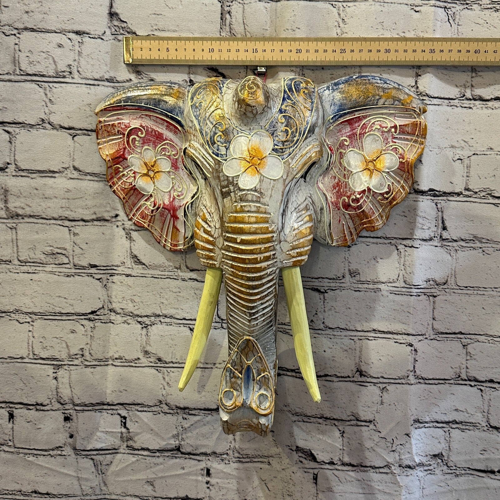 40cm x 35cm Pink Flower Painted Wood Elephant Head Wall Mounted Art Shabby3