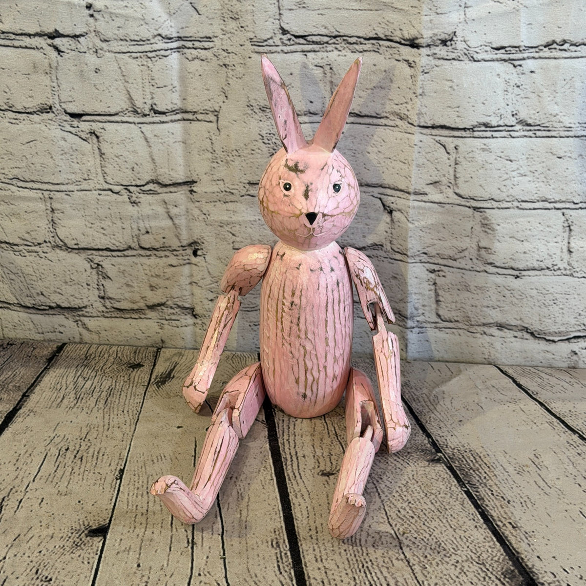 30cm Pink Bunny Rabbit Sitting Animal, Wooden Shelf Ornament Handmade Fairtrade1