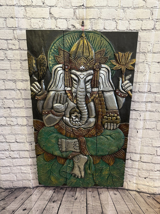100cm x 60cm Ganesh Colourful Panel Wooden Wood Panel Wall Art Plaque Handcarved0