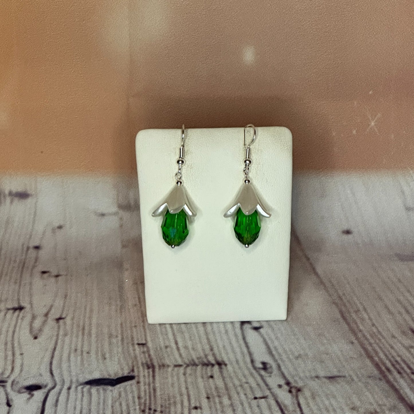 Green Drop Crystal Lily Flower Dangle Drop Earrings Handmade UK Jewellery0