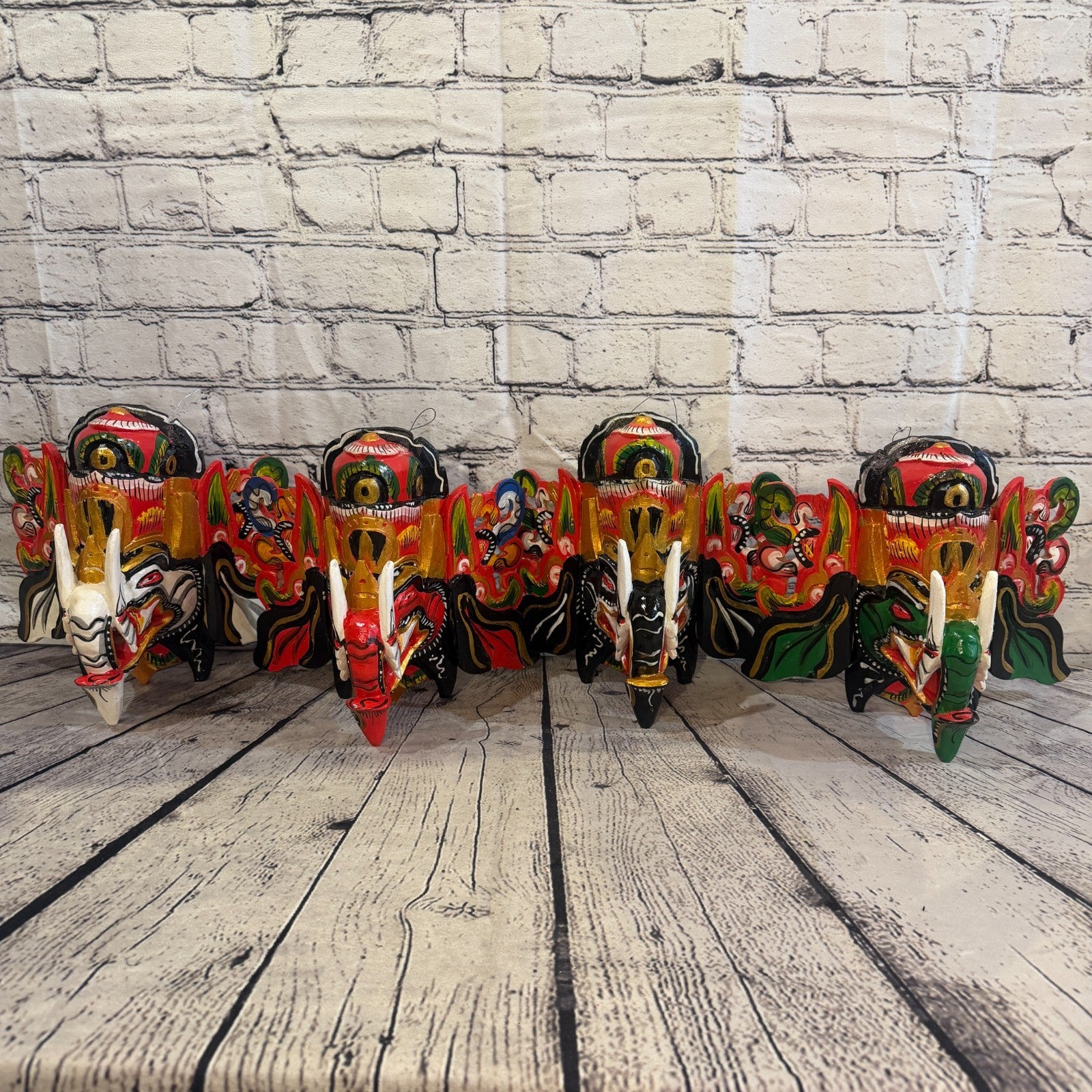 25cm Ganash Ganesha Green Elephant Hindu Deity Wooden Hand Carved Mask Painted10