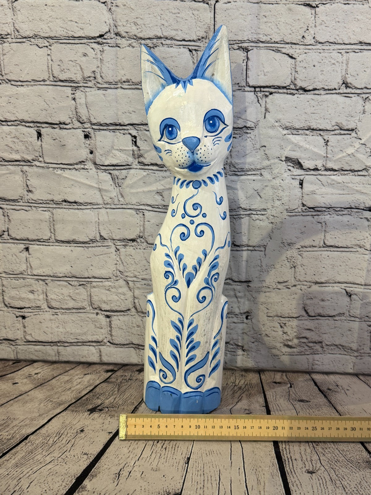 50cm Blue White Flower Wooden Shabby Cat Statue Ornament Fair Trade Handcarved6