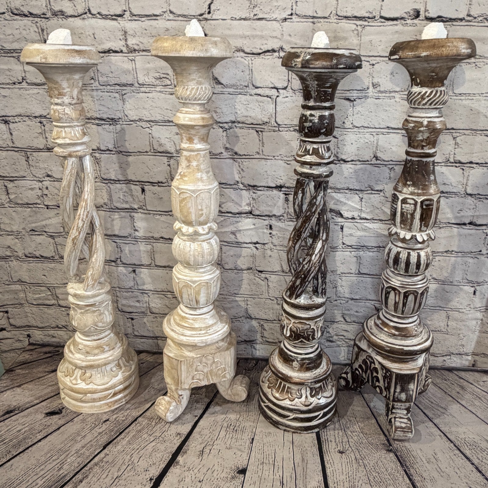 80cm x 18cm White Twist Wooden Vintage Style Candle Stand Shabby Pillar Holders8