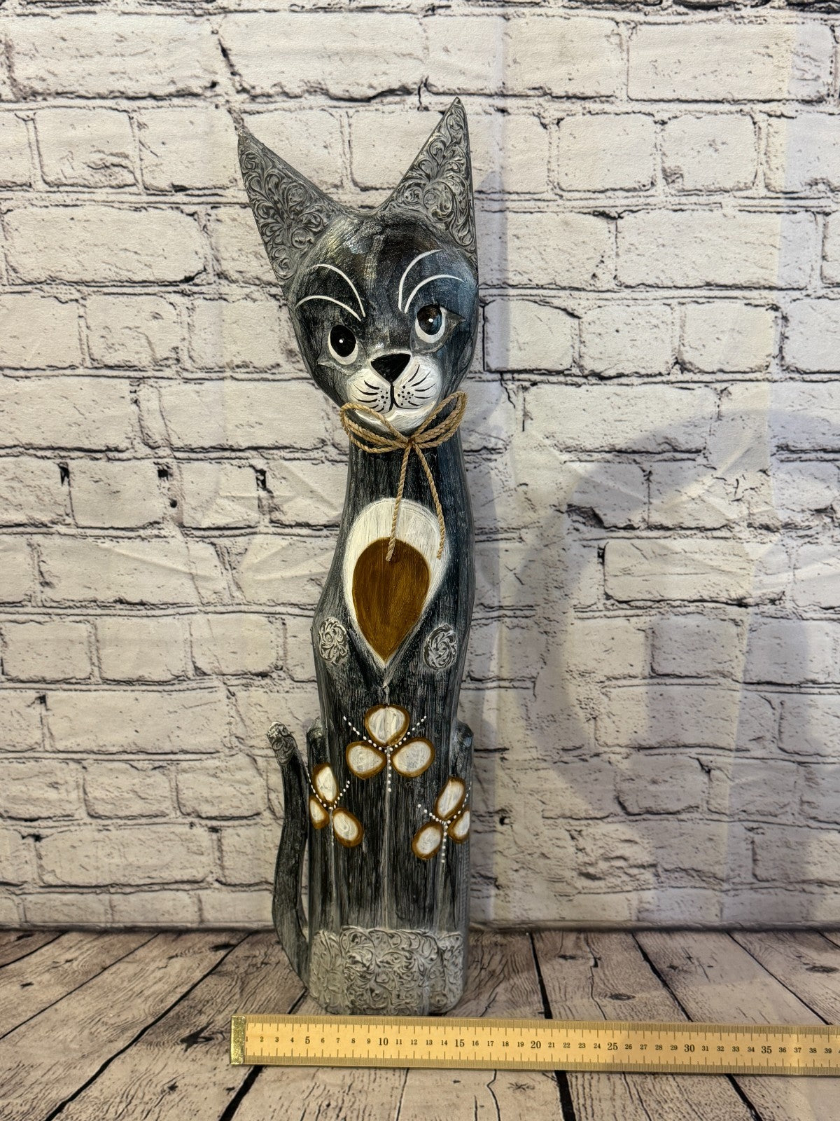 60cm Grey Silver Dots Wooden Shabby Cat Statue Ornament Fair Trade Handcarved6