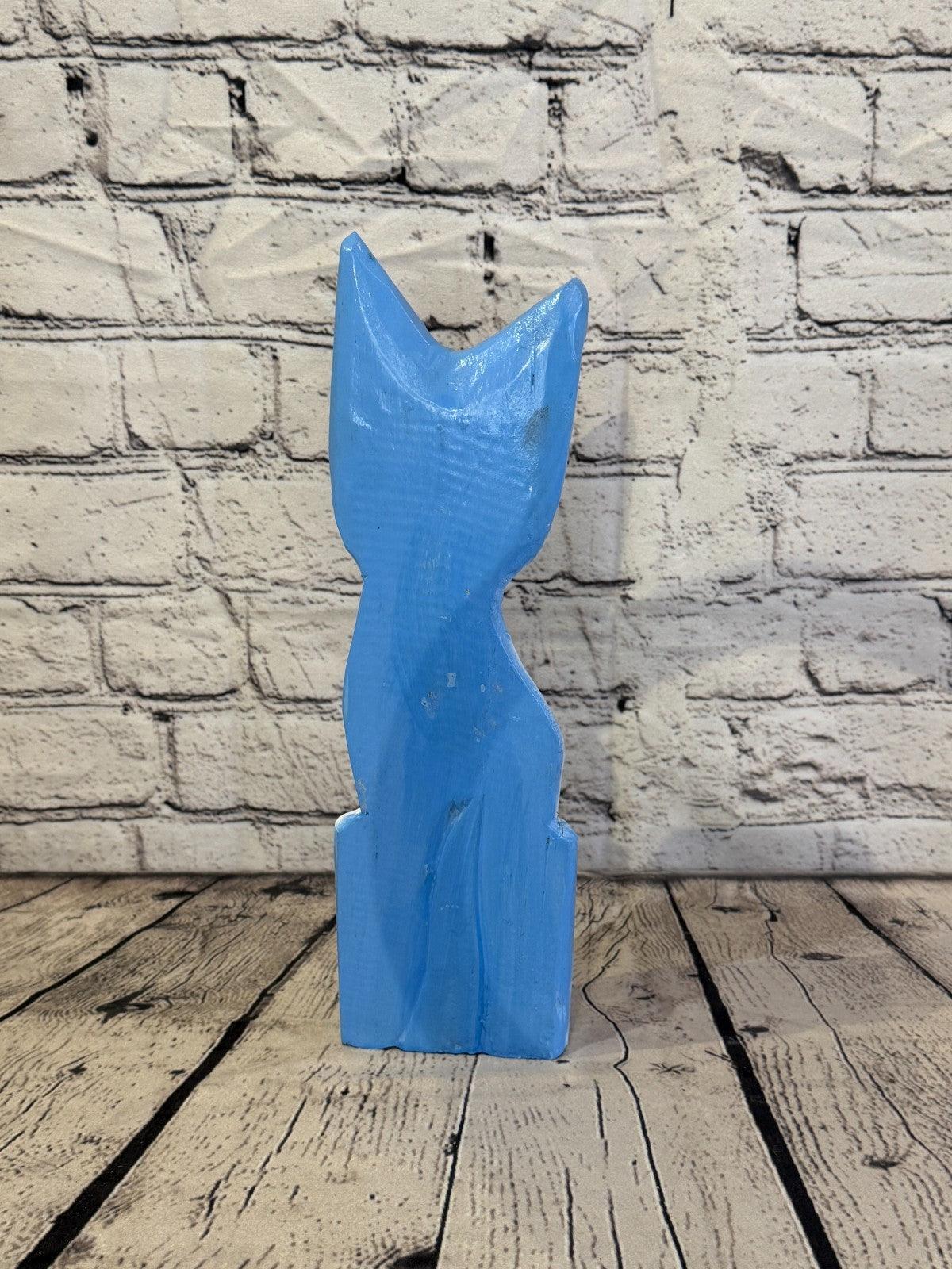 30cm Blue White Flower Wooden Shabby Cat Statue Ornament Fair Trade Handcarved4
