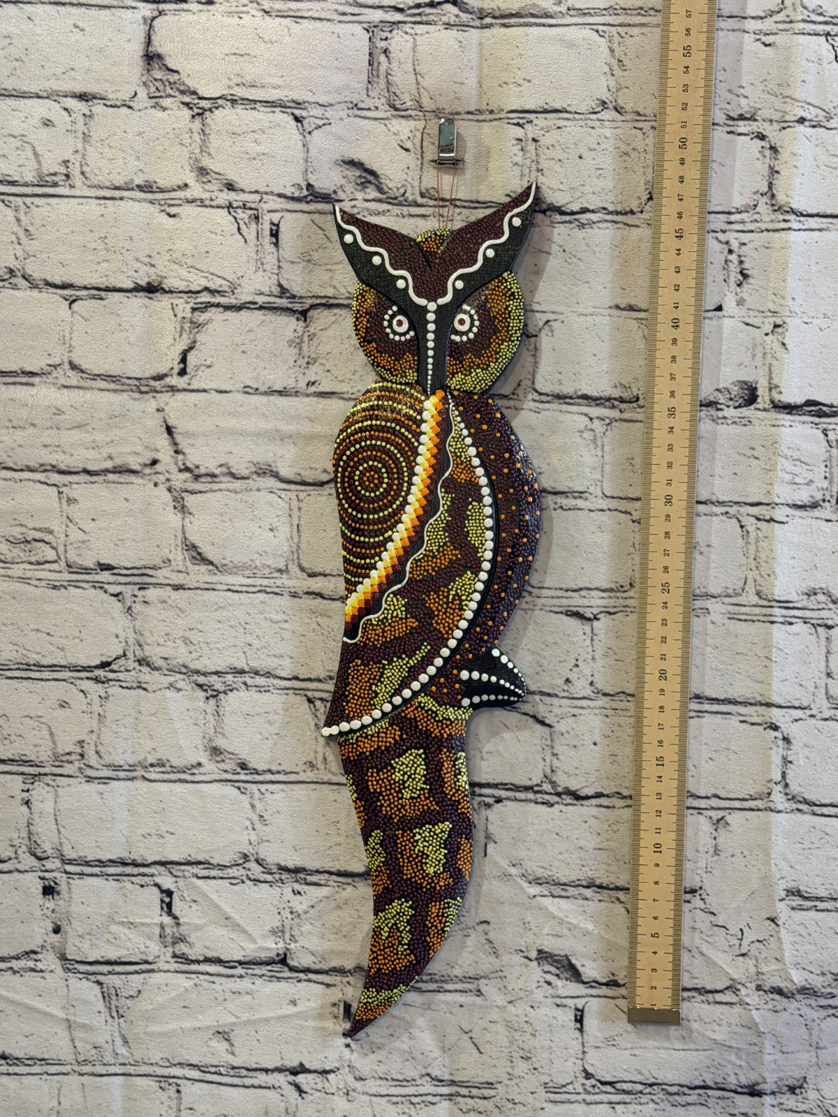 45cm Owl Bird Carved Wooden Dot Painted Ethnic Tribal Tiki Wall Art No 34