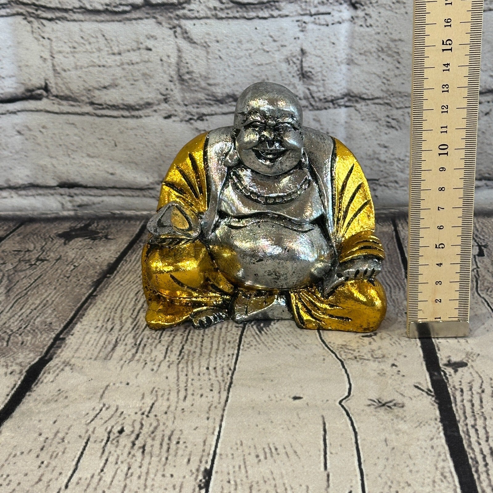Silver And Gold 12cm x 12cm Large Chinese Buddha Sitting On Lotus Statue Resin6