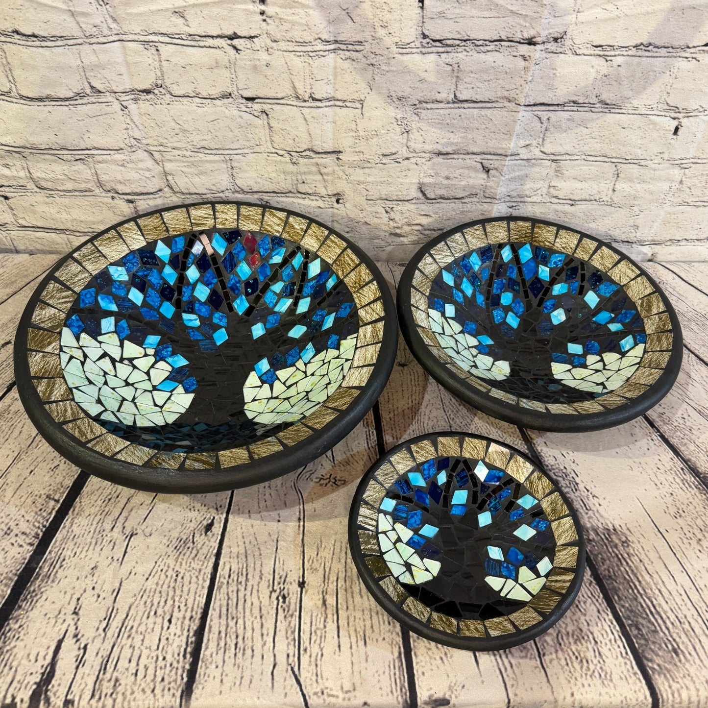 28cm Tree Of Life Blue Grey Round Mosaic Handmade Ceramic Glass Tile Bowl Fruit4